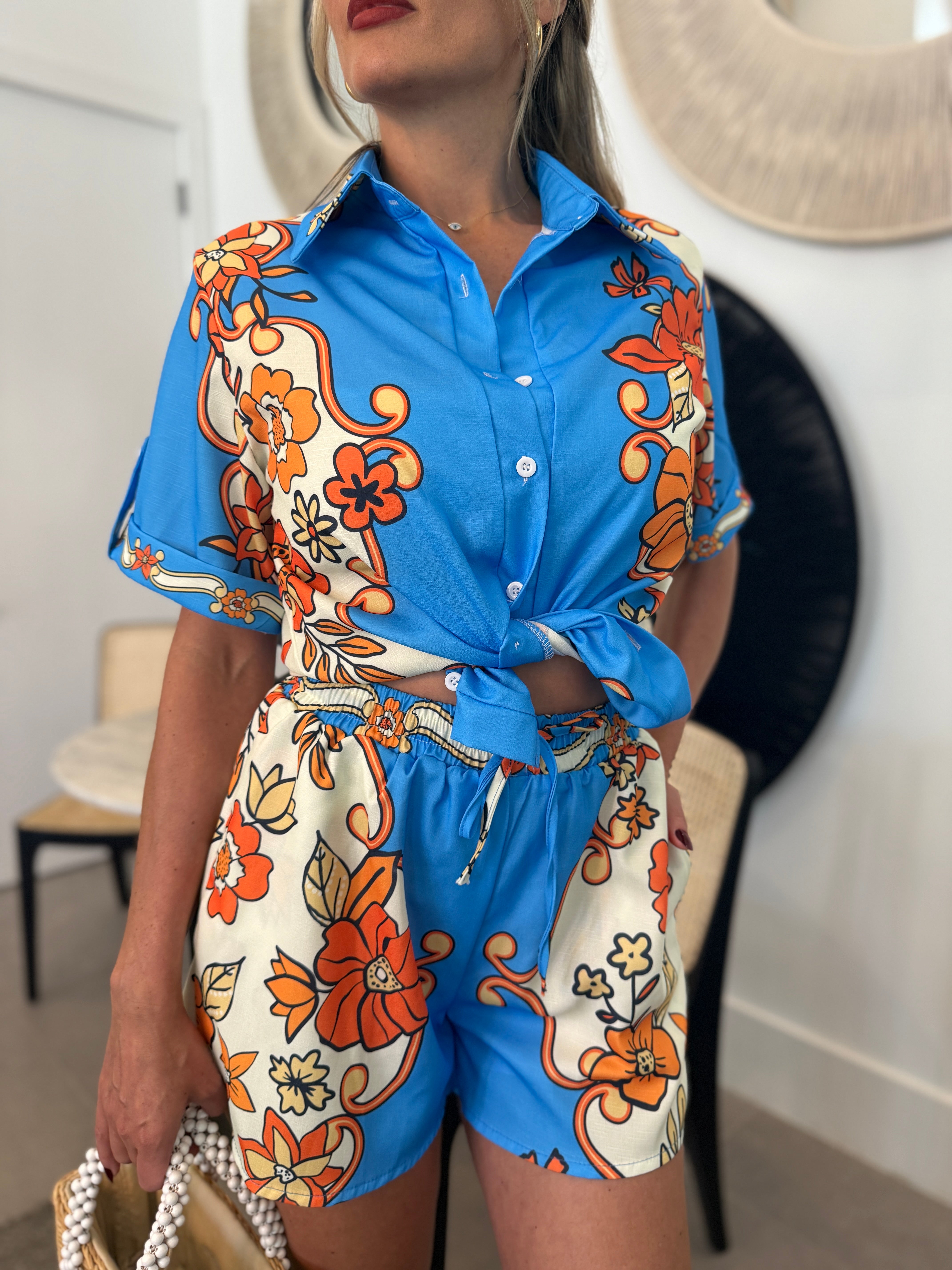 Blue orange flower co-ord vacation outfit