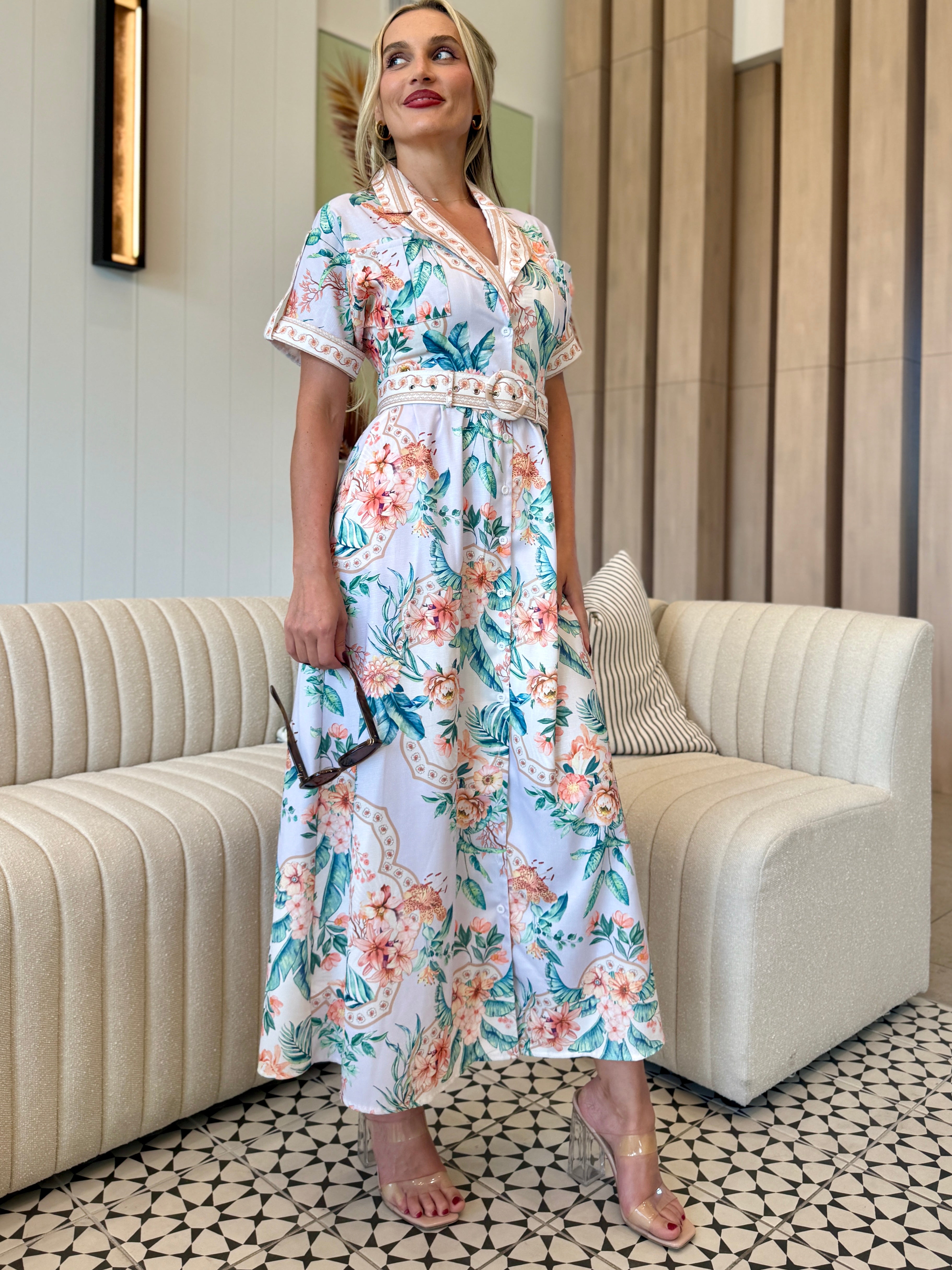 Mint and coral floral button dress