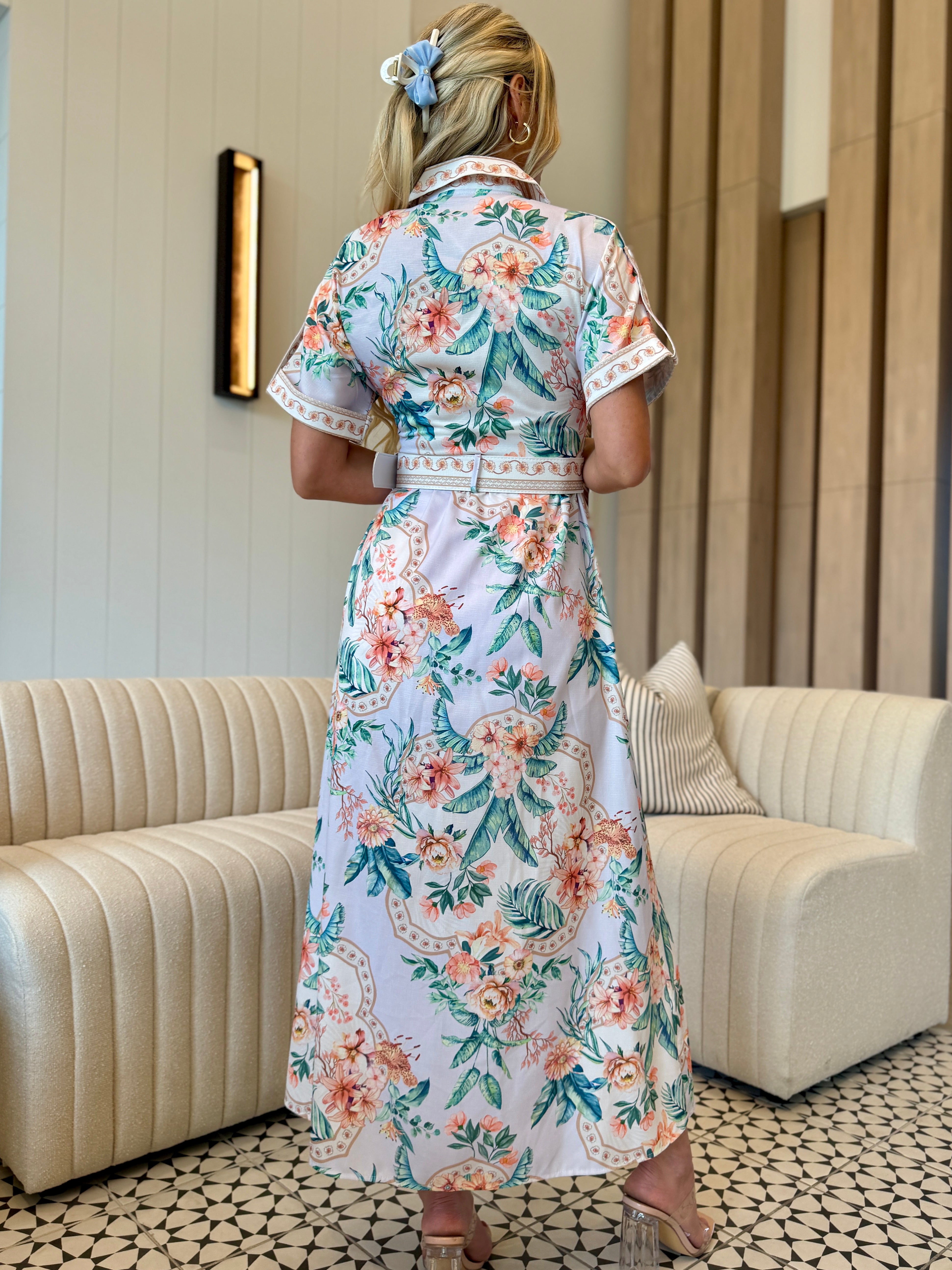 Pastel garden print midi dress