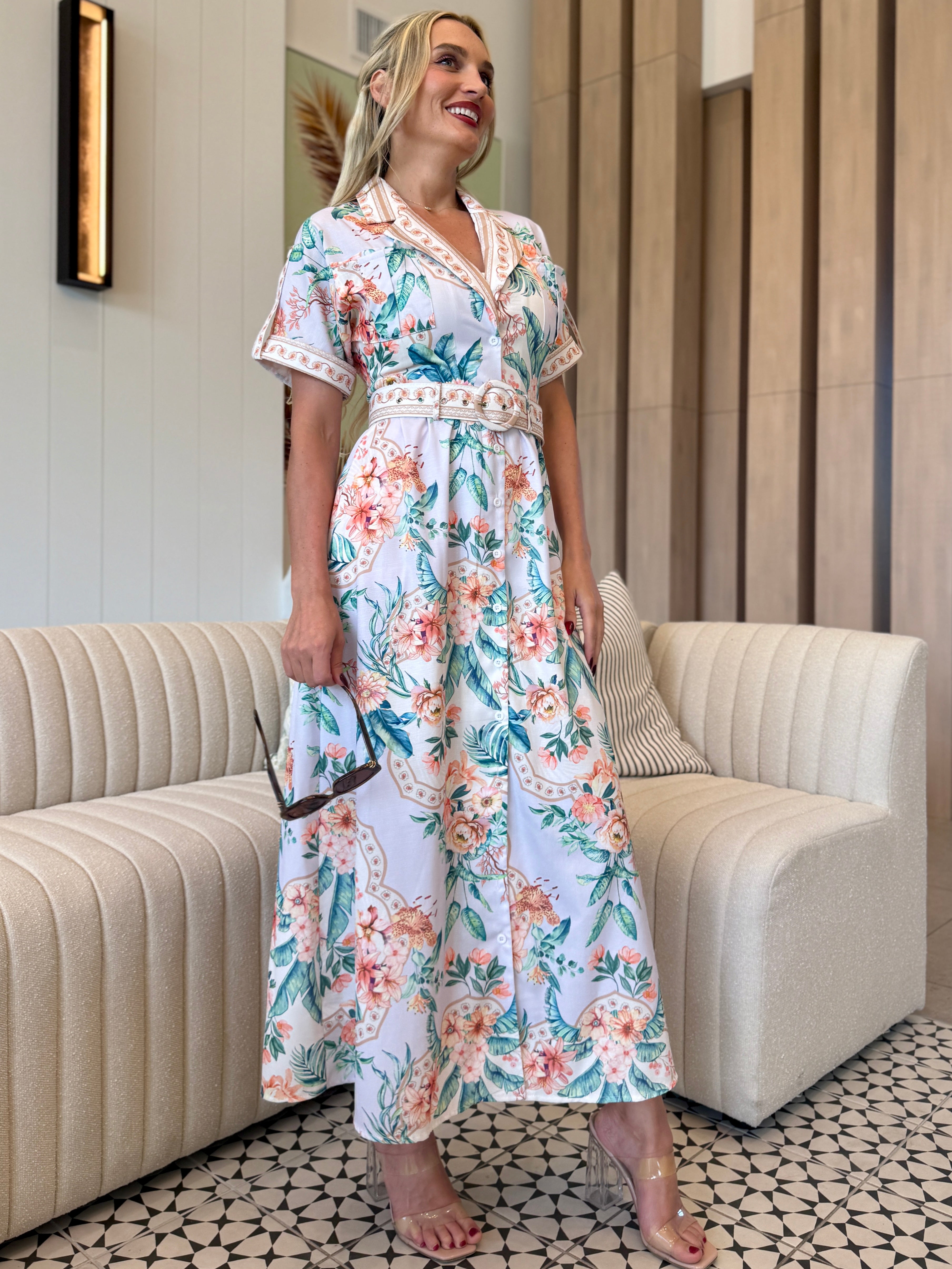 Resort floral shirt dress with belt
