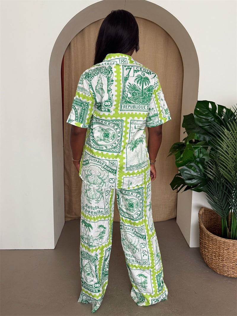 Postcards from Paradise – Green Stamp Print Two-Piece Shirt and Wide-Leg Pants Set