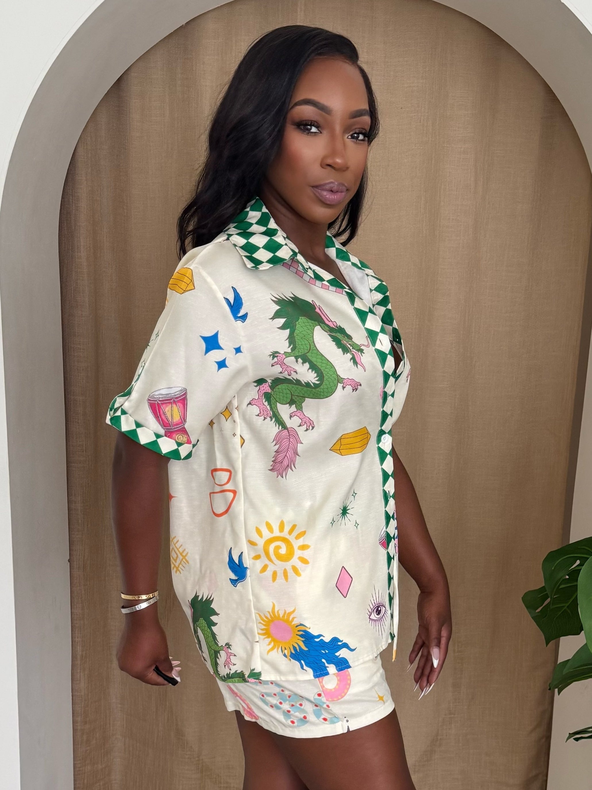 Playful Resortwear – Artistic Dragon and Symbol Print Two-Piece Short Set