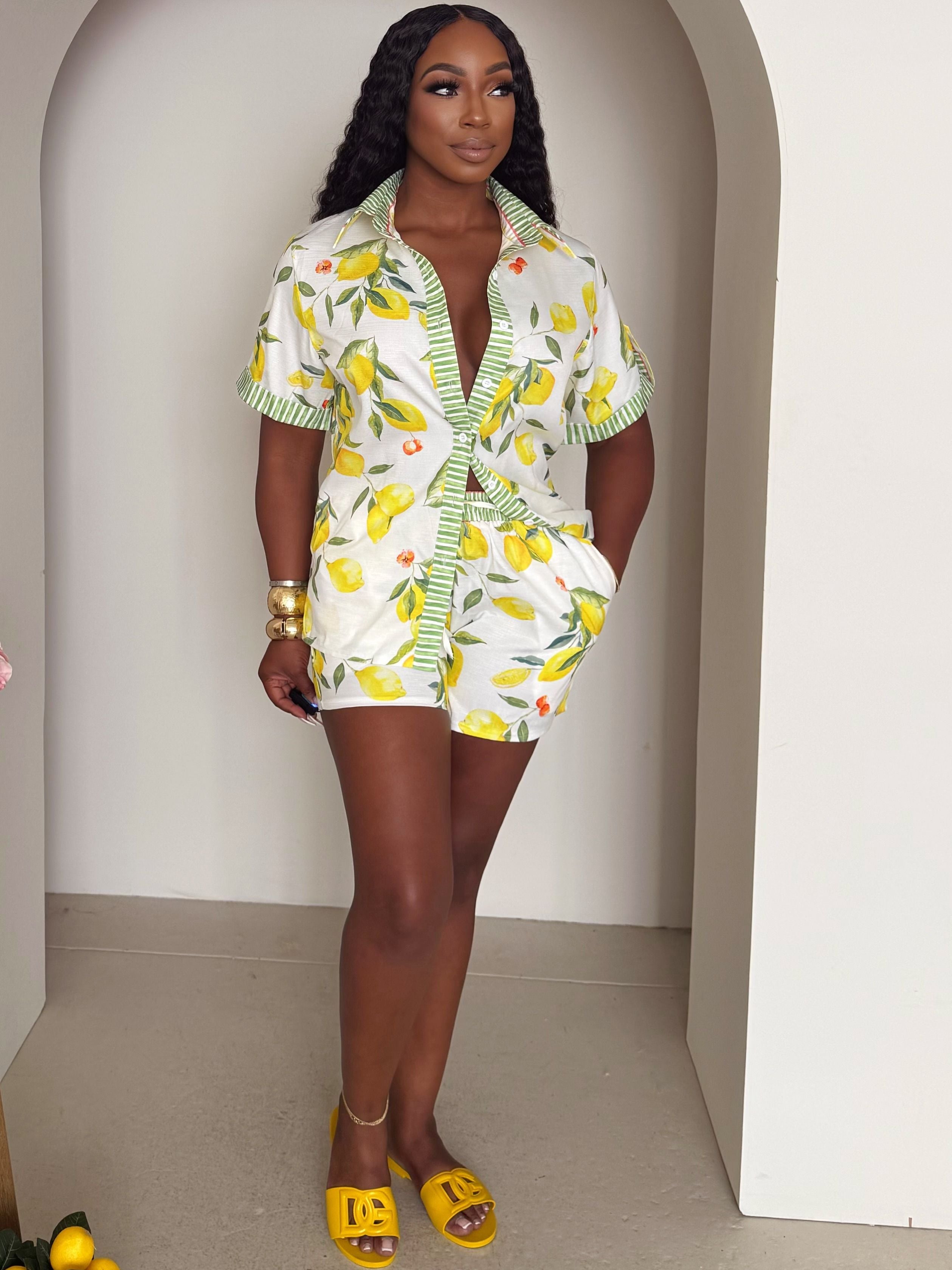 White short set with yellow lemon pattern