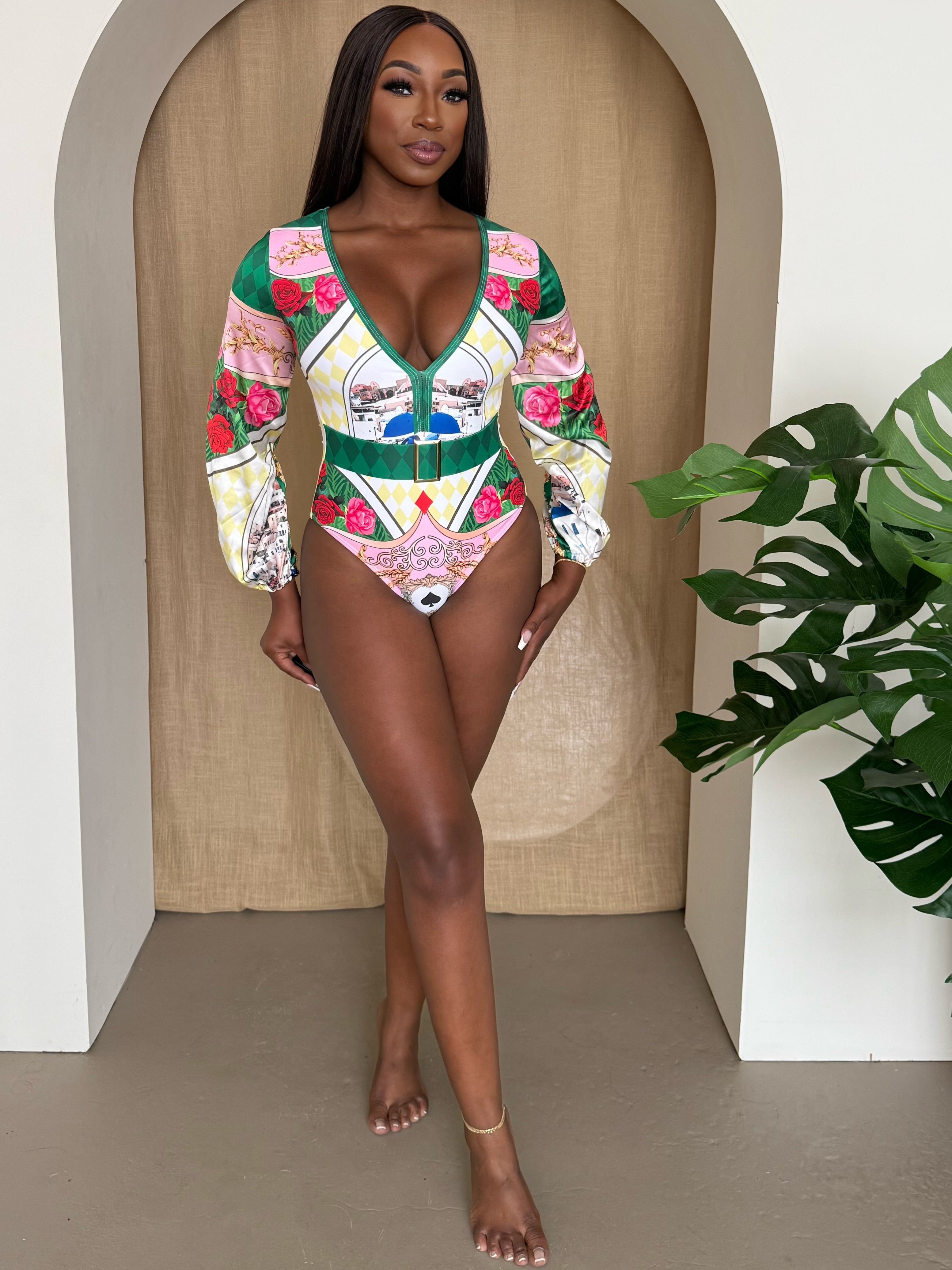 Venetian Bloom Resort Swimsuit: Luxe Long Sleeve Swimwear with Regal Prints and Coastal Romance