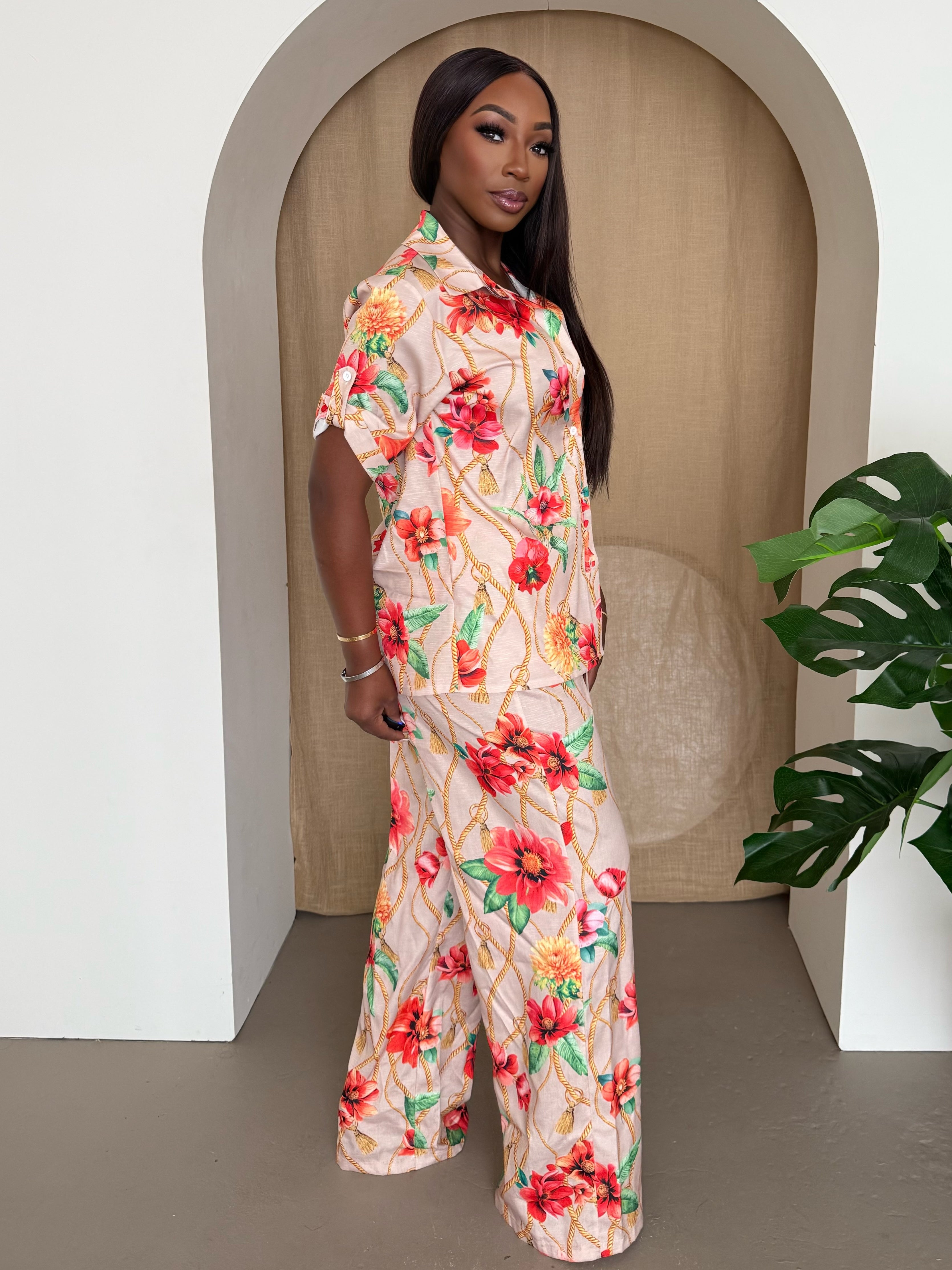 Bloom & Bold ResortWear – Luxe Floral Chain Print Shirt and Wide-Leg Pant Set