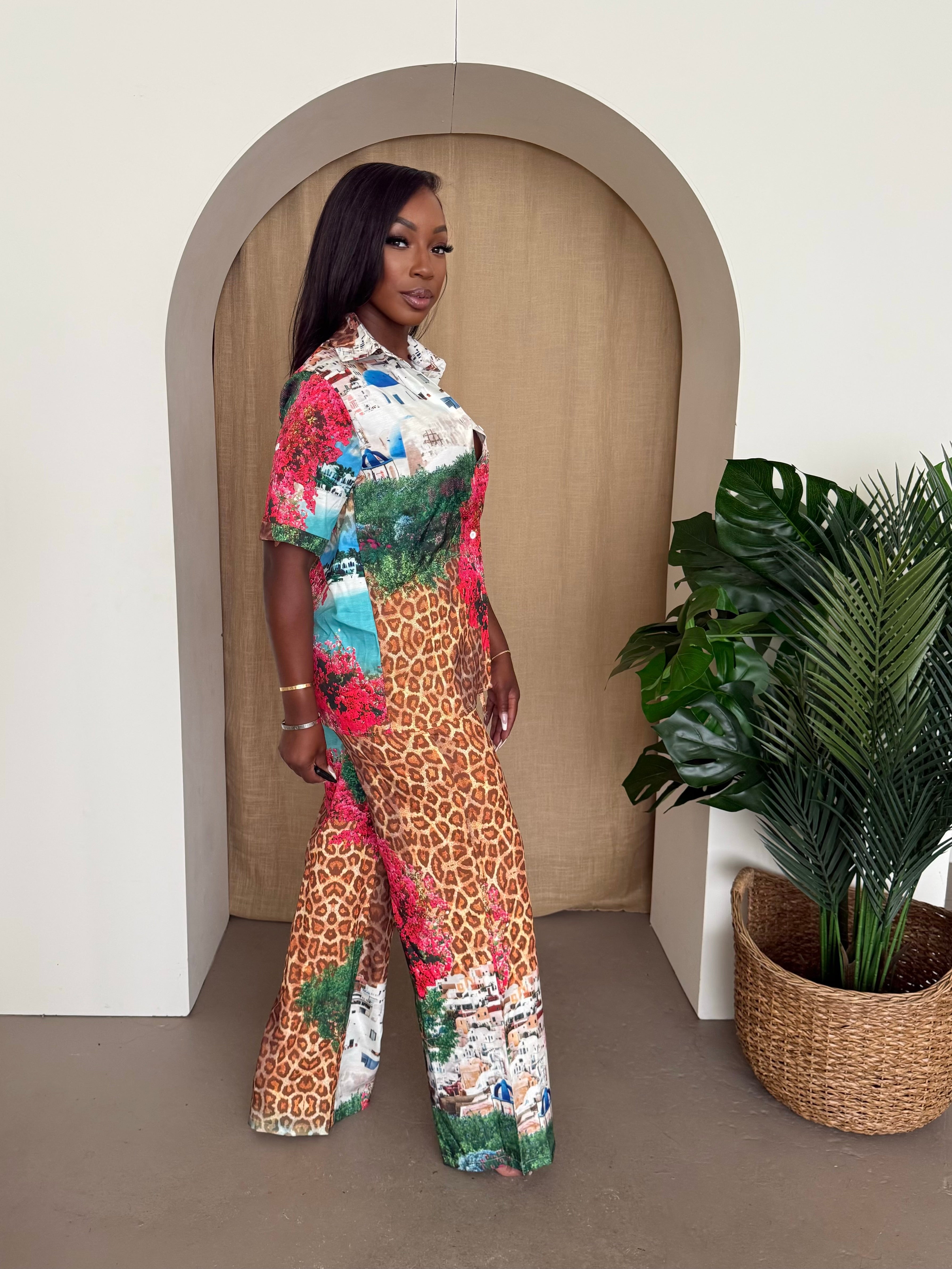 Tropical Safari Meets Santorini – Vibrant Two-Piece Resort Set for the Bold Traveler