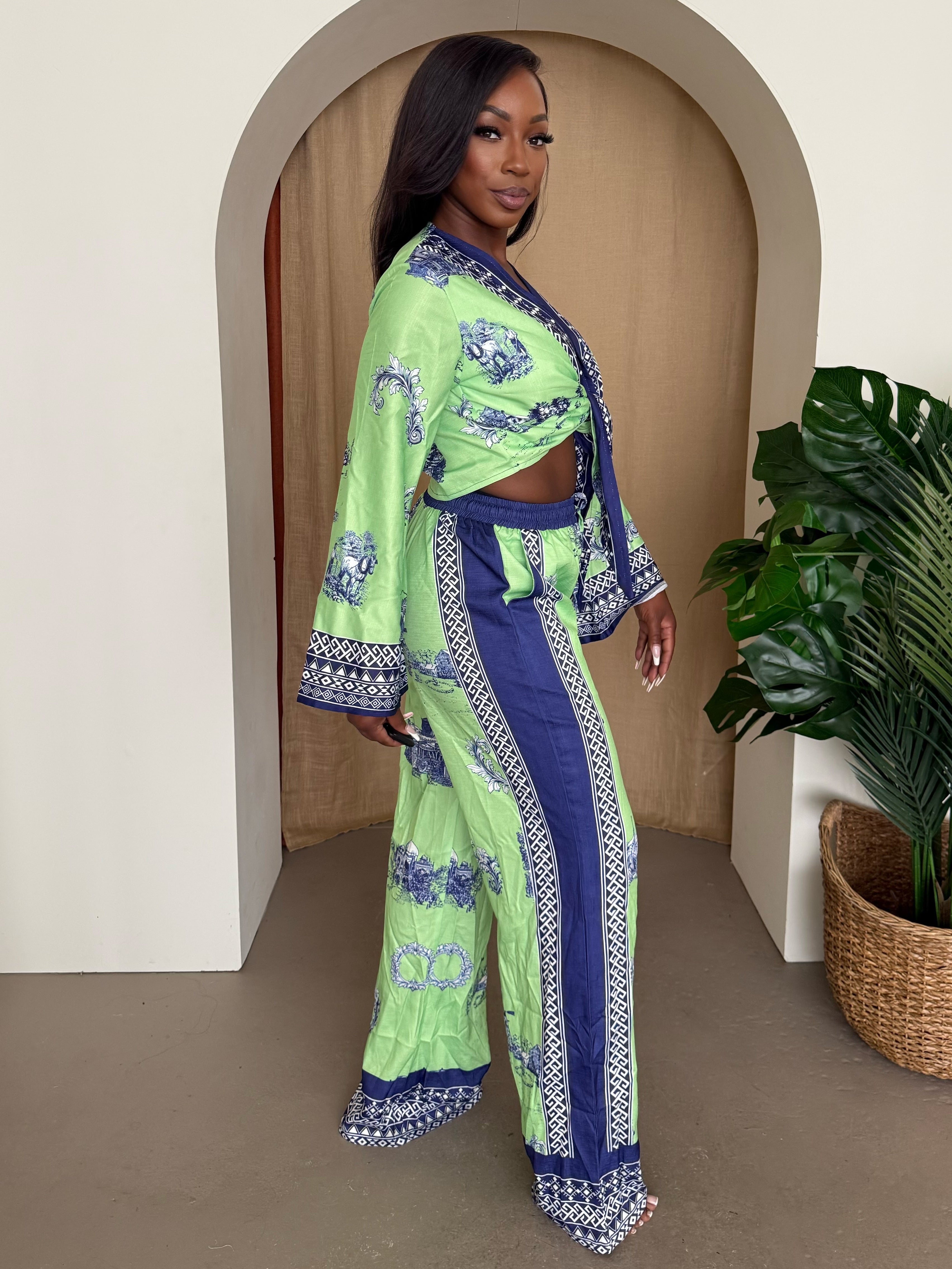 Chic Breezy – Green and Blue Scenic Print Two-Piece Set for Resort Getaways