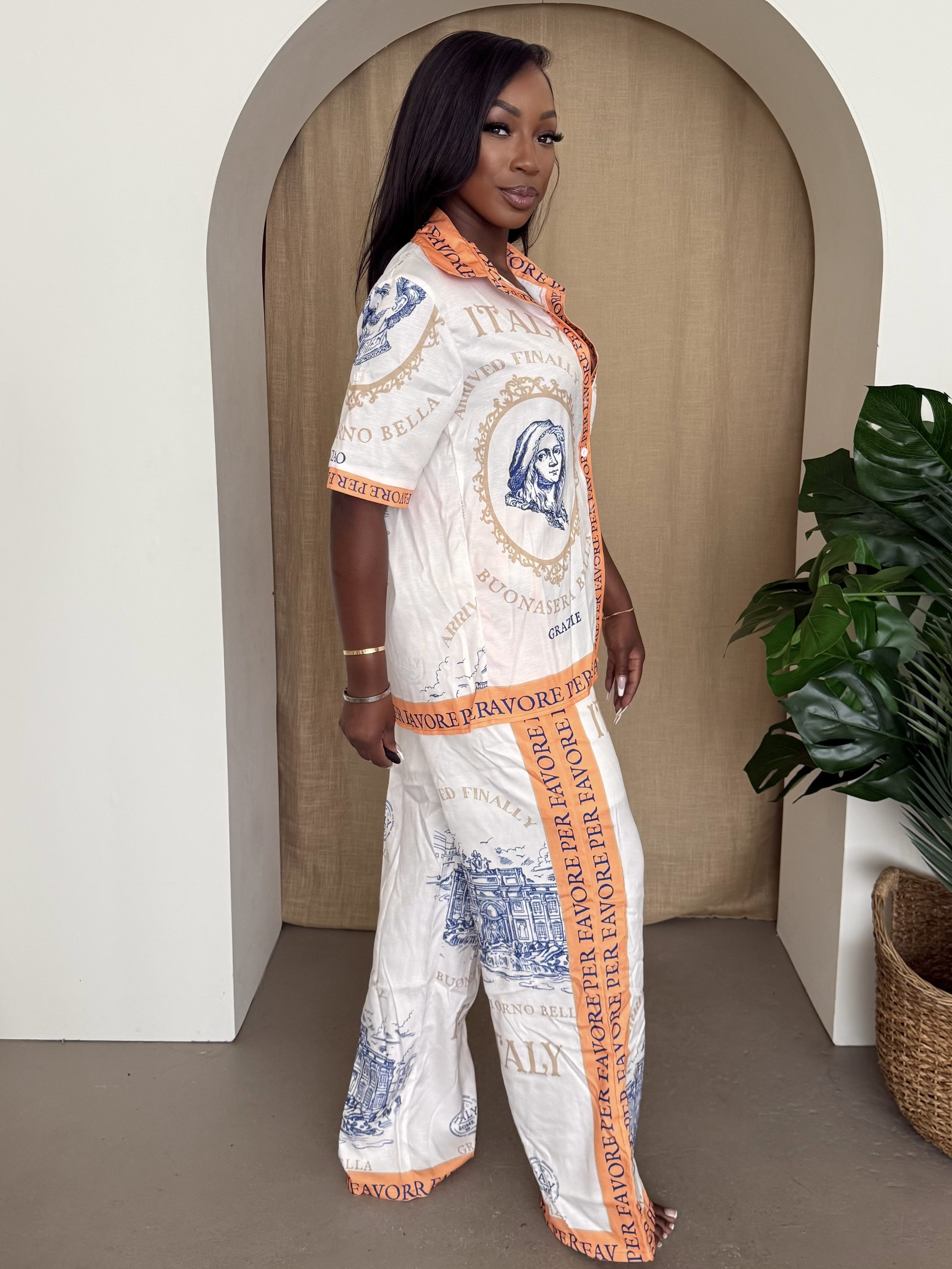 Italian Vista Resort Lounge Set – Coastal-Inspired Shirt & Pants for Effortless Getaways