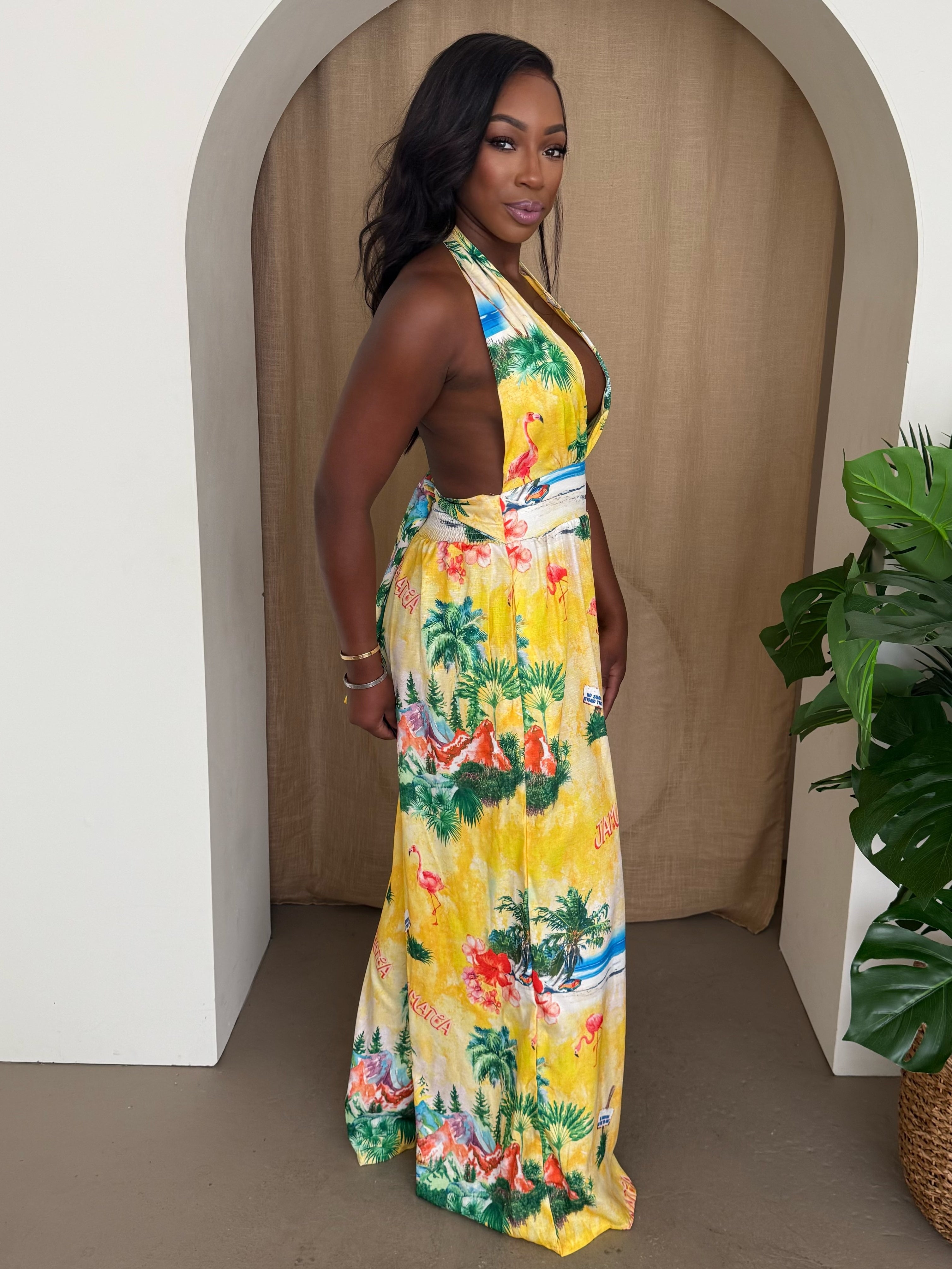 Golden Paradise – Jamaica Scenic Halter Jumpsuit for Resort-Ready Glamour