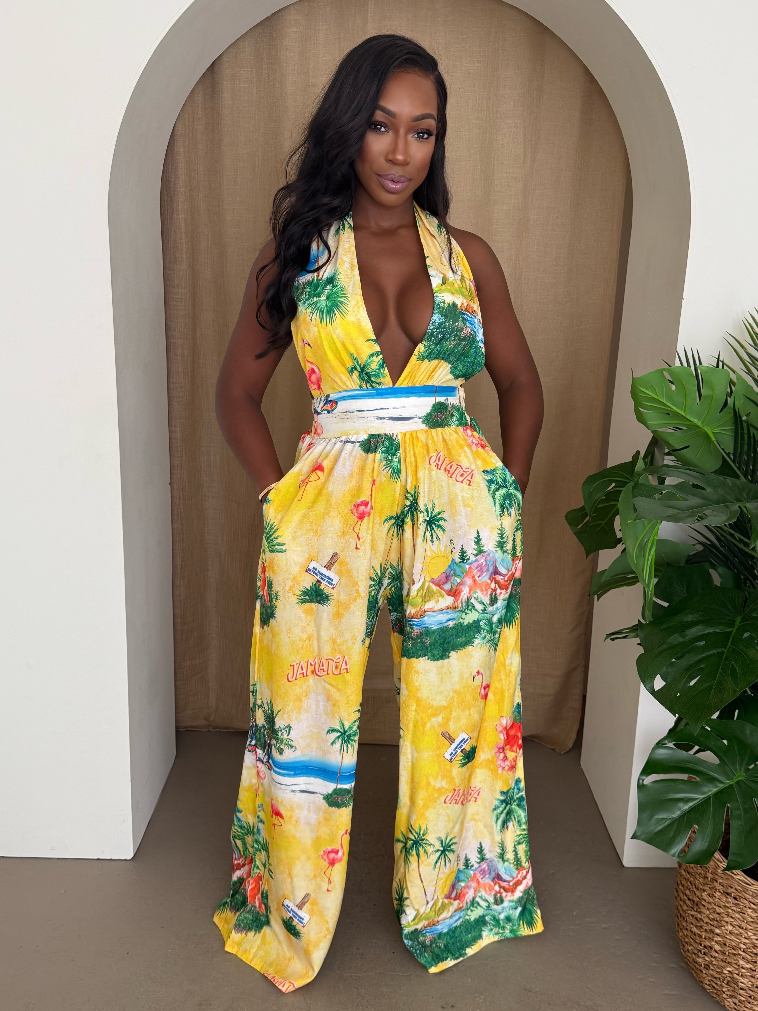 Golden Paradise – Jamaica Scenic Halter Jumpsuit for Resort-Ready Glamour