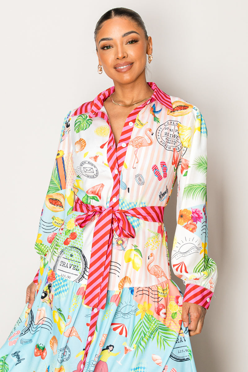🌴 Tropical Postcard Shirt Dress – Colorful, Whimsical & Jetsetter-Chic