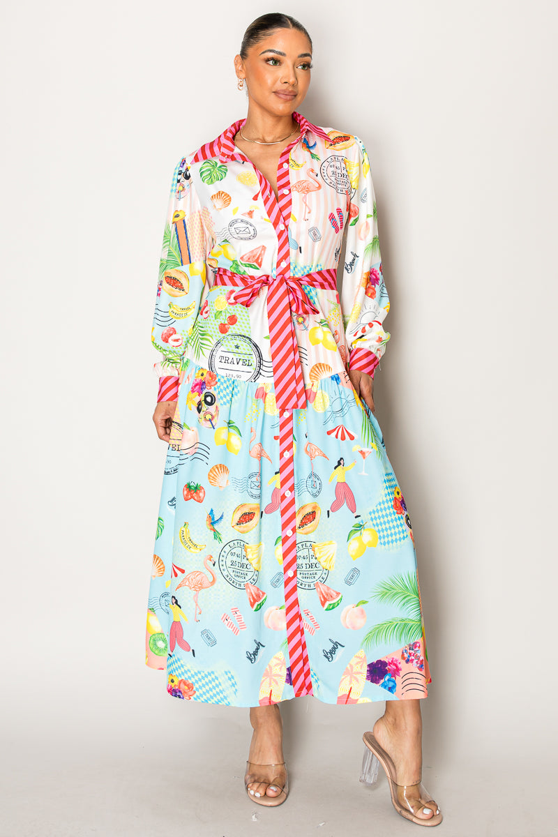 🌴 Tropical Postcard Shirt Dress – Colorful, Whimsical & Jetsetter-Chic