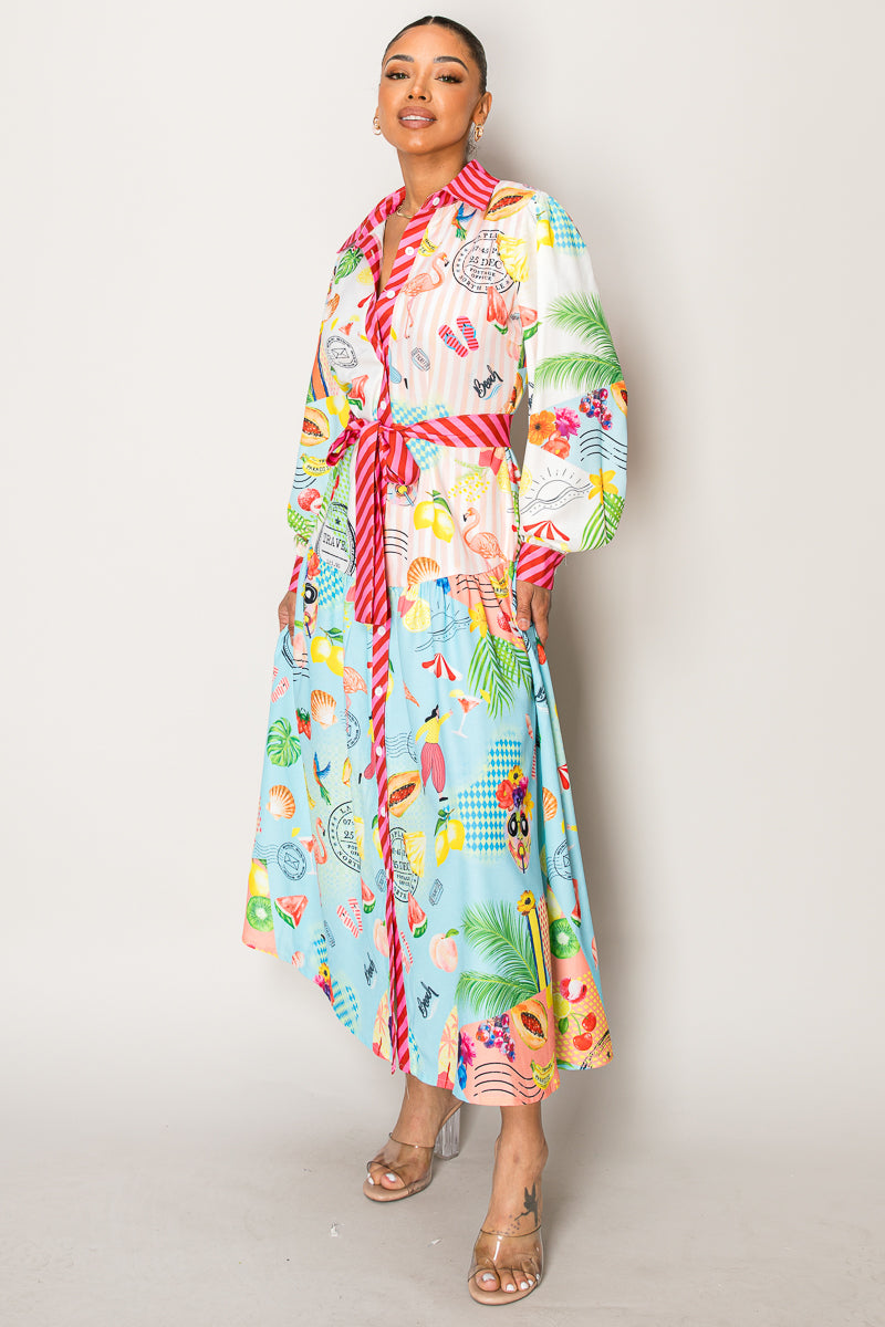 🌴 Tropical Postcard Shirt Dress – Colorful, Whimsical & Jetsetter-Chic