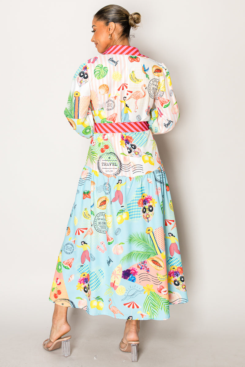 🌴 Tropical Postcard Shirt Dress – Colorful, Whimsical & Jetsetter-Chic