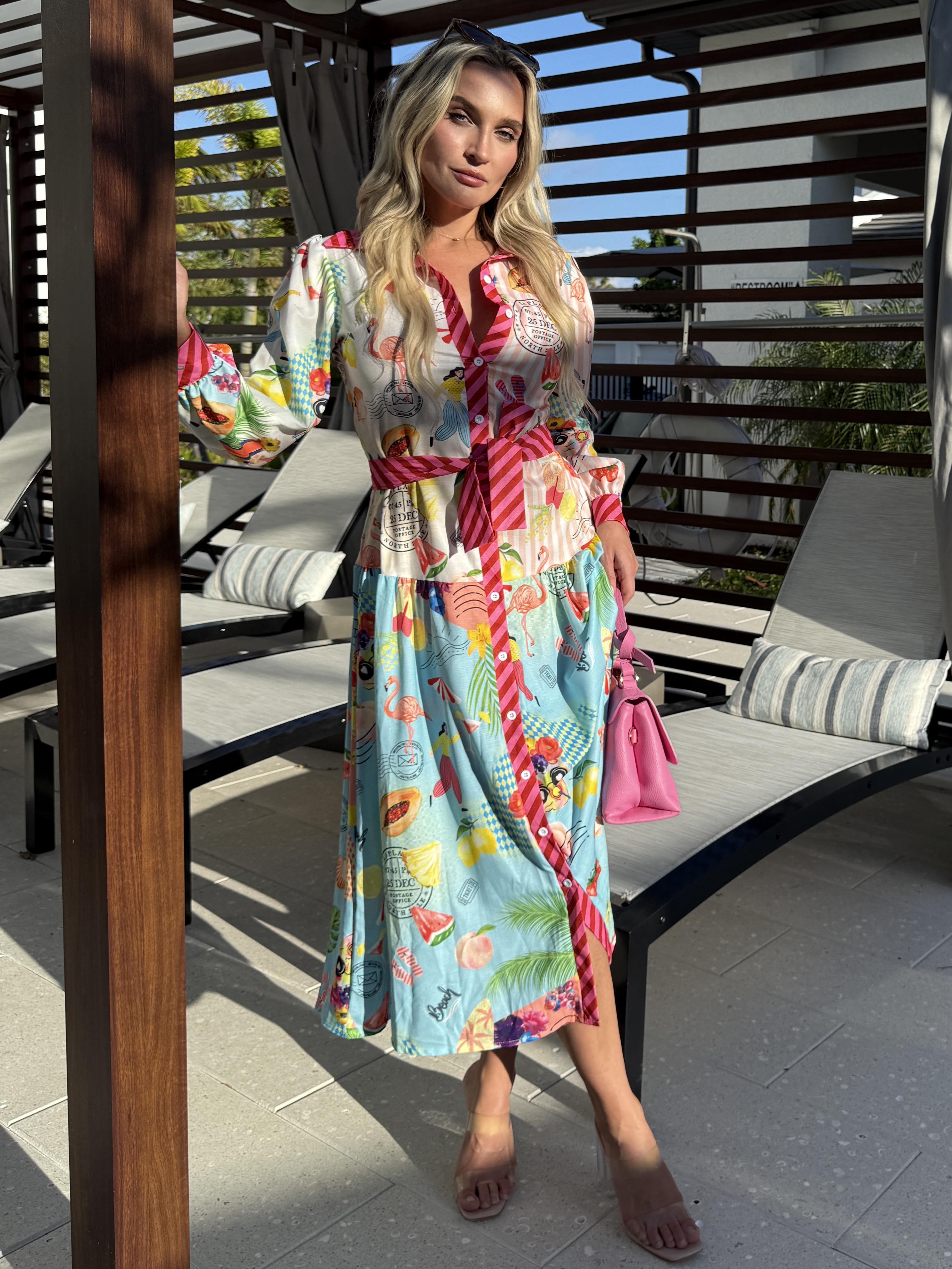 🌴 Tropical Postcard Shirt Dress – Colorful, Whimsical & Jetsetter-Chic
