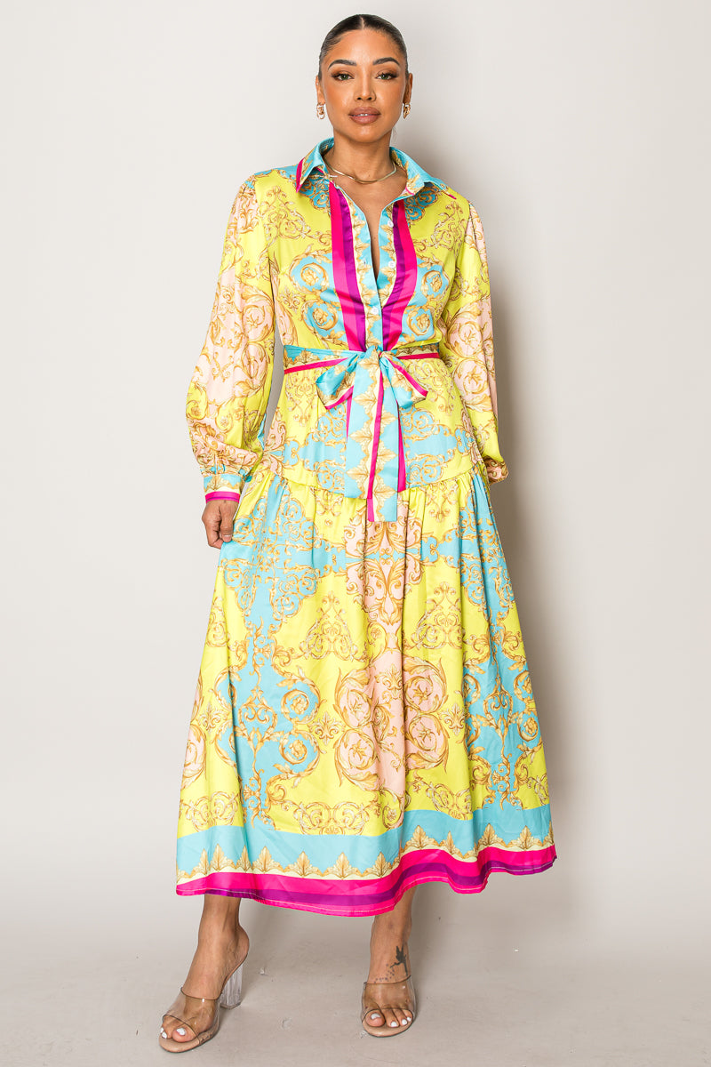 Baroque-Inspired Maxi Shirt Dress with Waist Tie β Regal Yellow & Pink Print for Elegant Escapes