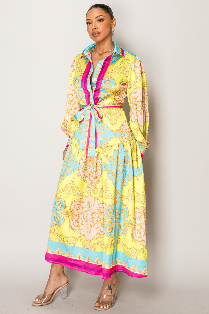 Baroque-Inspired Maxi Shirt Dress with Waist Tie β Regal Yellow & Pink Print for Elegant Escapes