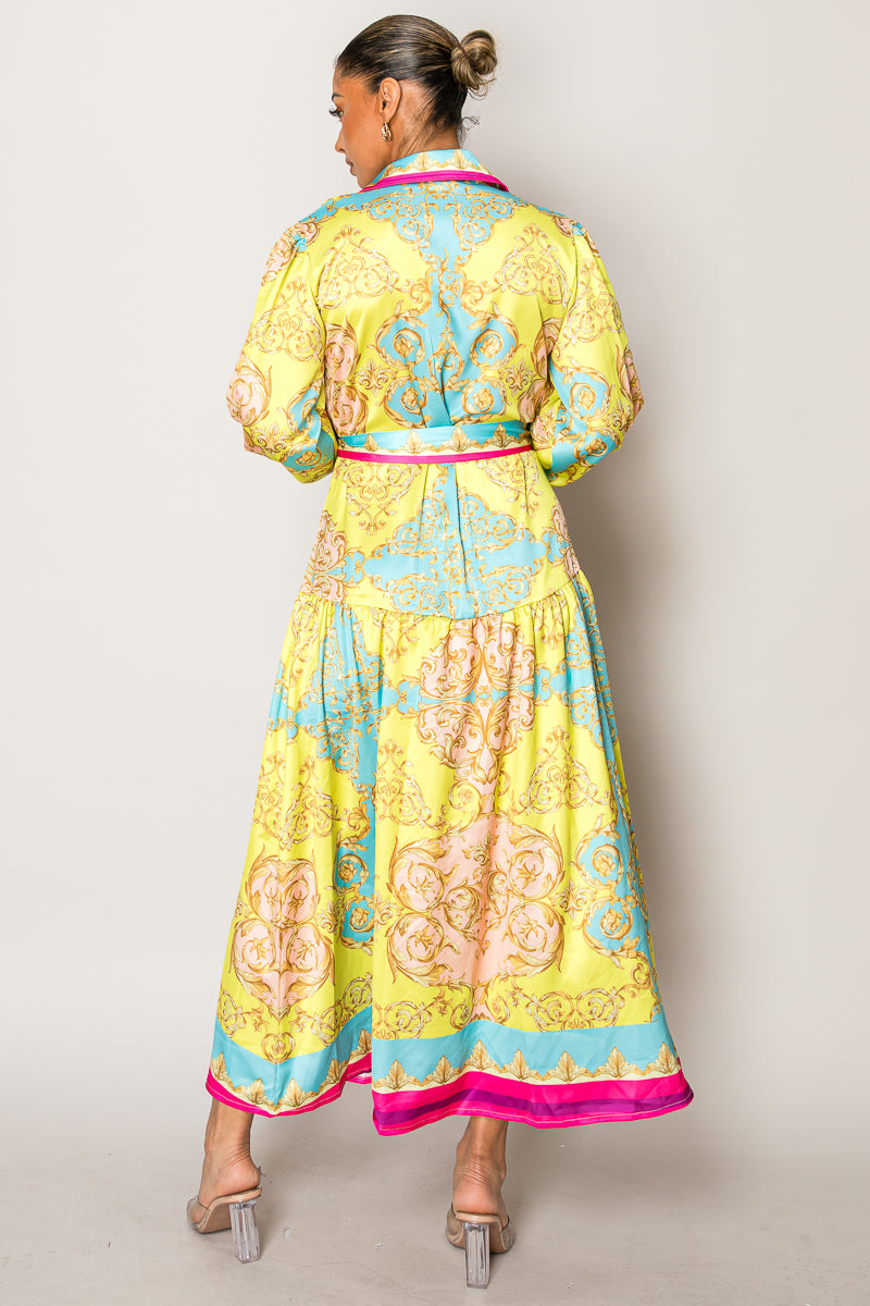 Baroque-Inspired Maxi Shirt Dress with Waist Tie β Regal Yellow & Pink Print for Elegant Escapes