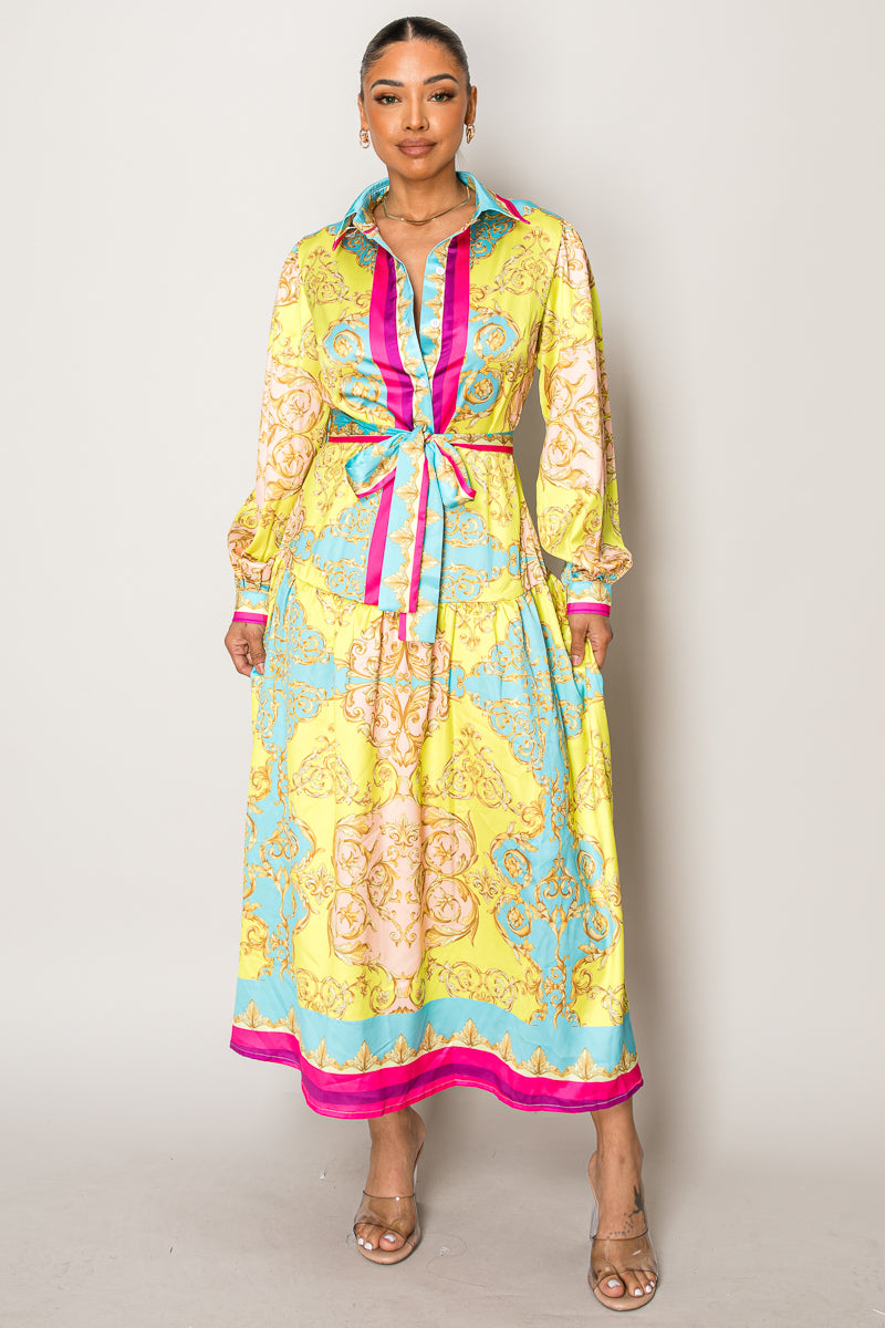Baroque-Inspired Maxi Shirt Dress with Waist Tie β Regal Yellow & Pink Print for Elegant Escapes