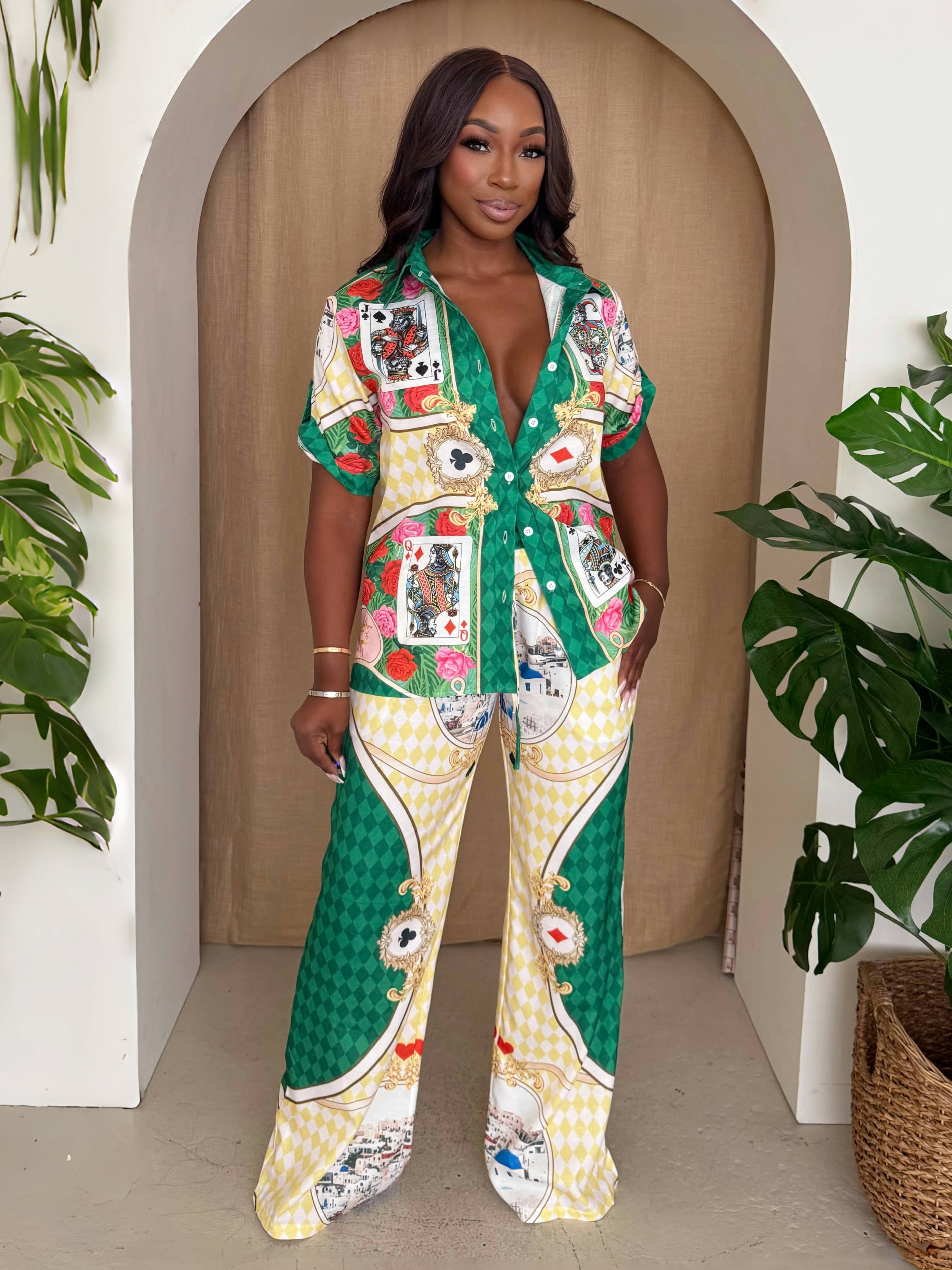 High Stakes Royal Set – Playing Card Print Shirt & Wide-Leg Pants