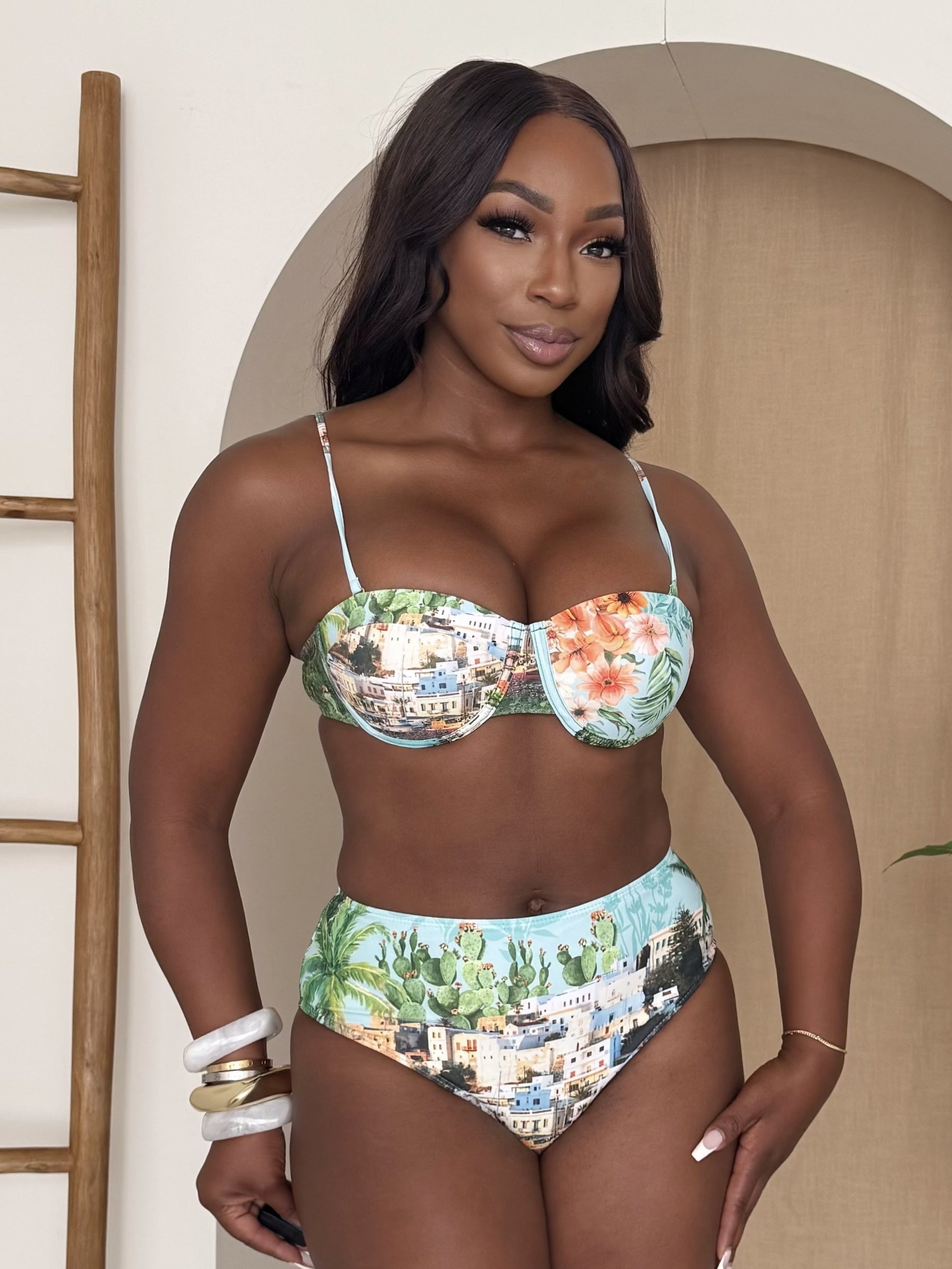 Mediterranean Muse: A Travel-Inspired Bikini Set with Underwire Top and Villa Views