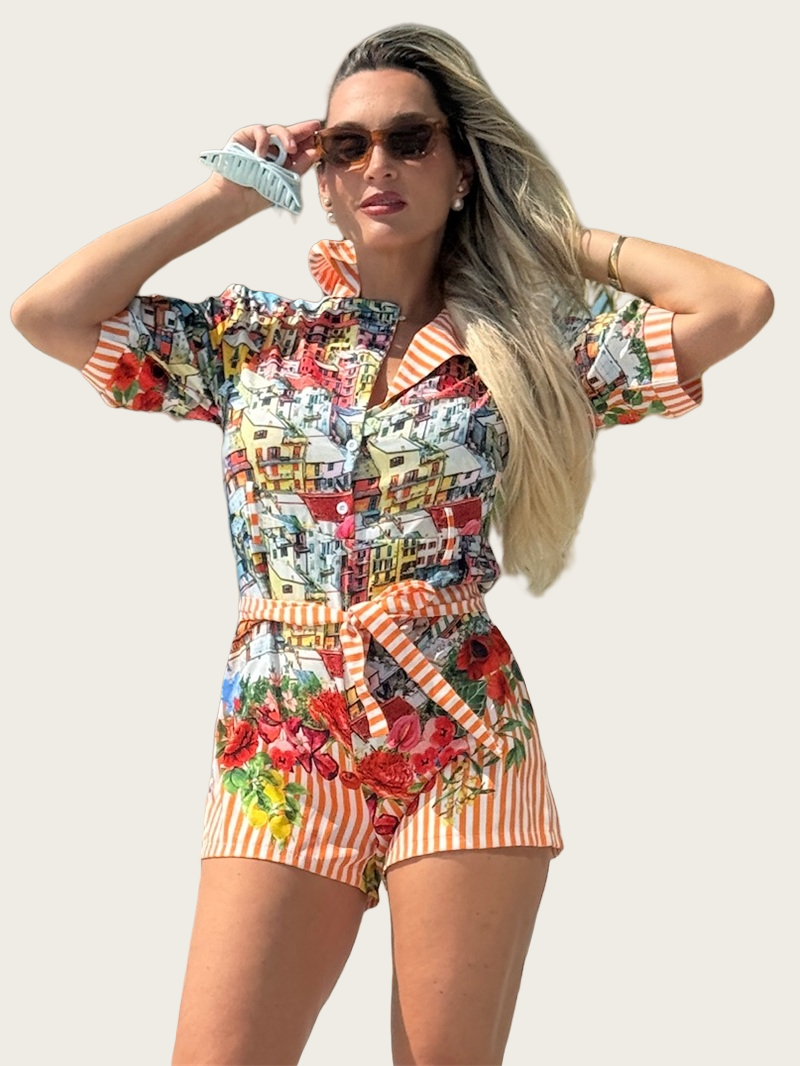 Postcard from Positano: Printed Shirt Romper with Coastal Village Charm & Floral Striped Waist