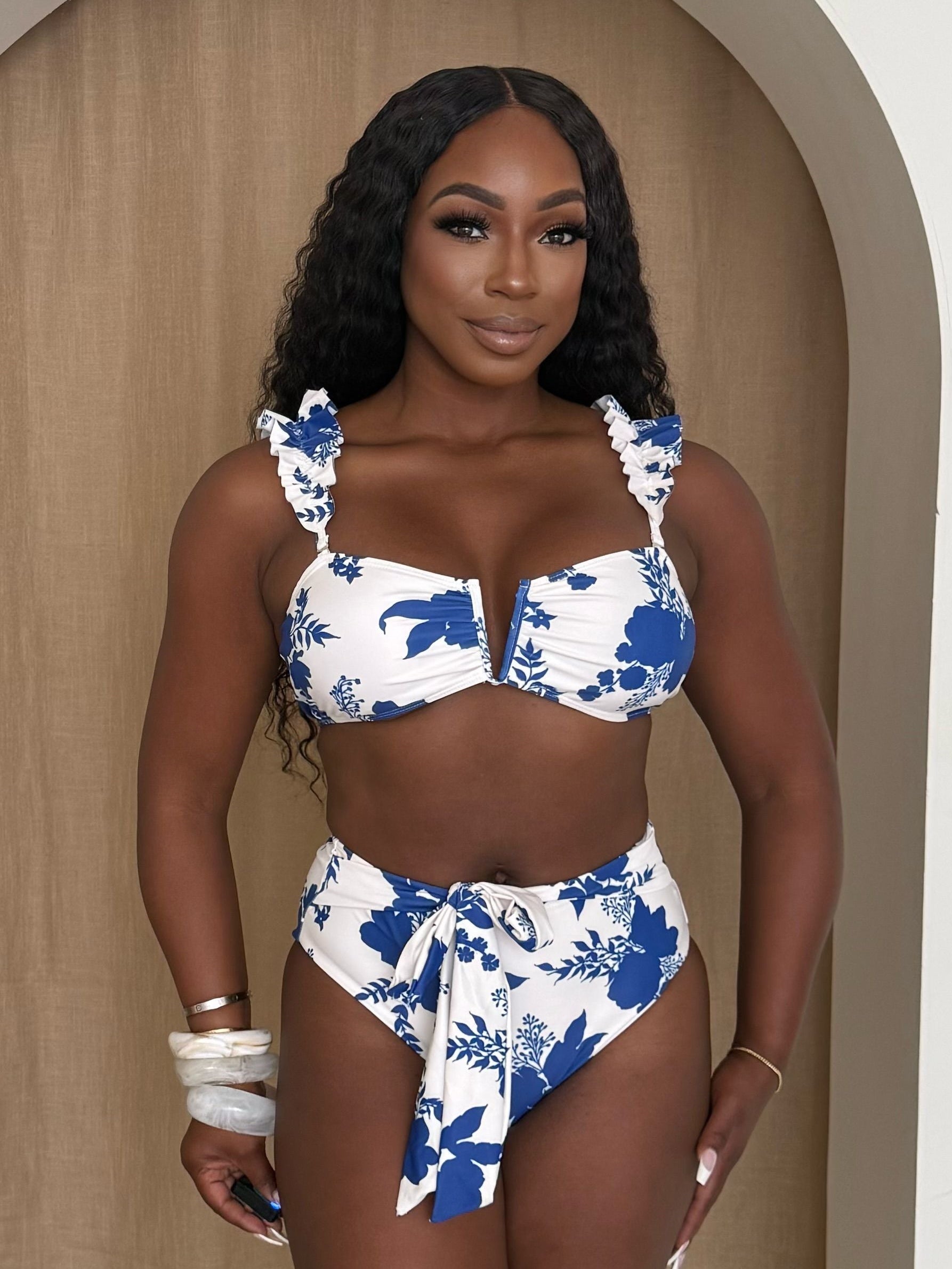 Blue Botanica Belle: A Two-Piece Bikini Set with a Flattering Knot Waist and Sculpted Bustline