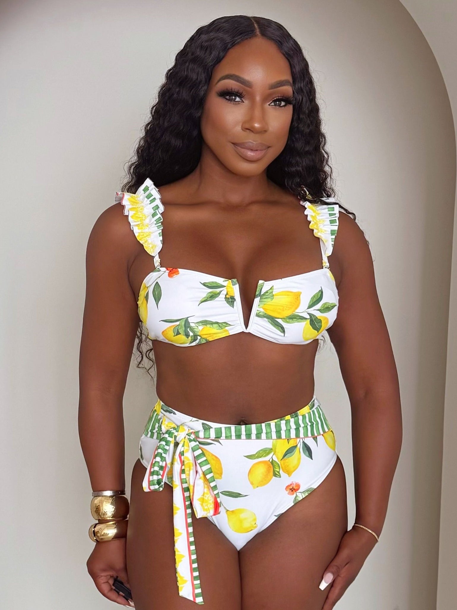 Lemon Garden Muse: A Vintage-Inspired Ruffle Bikini with Citrus Print and Green Striped Accents
