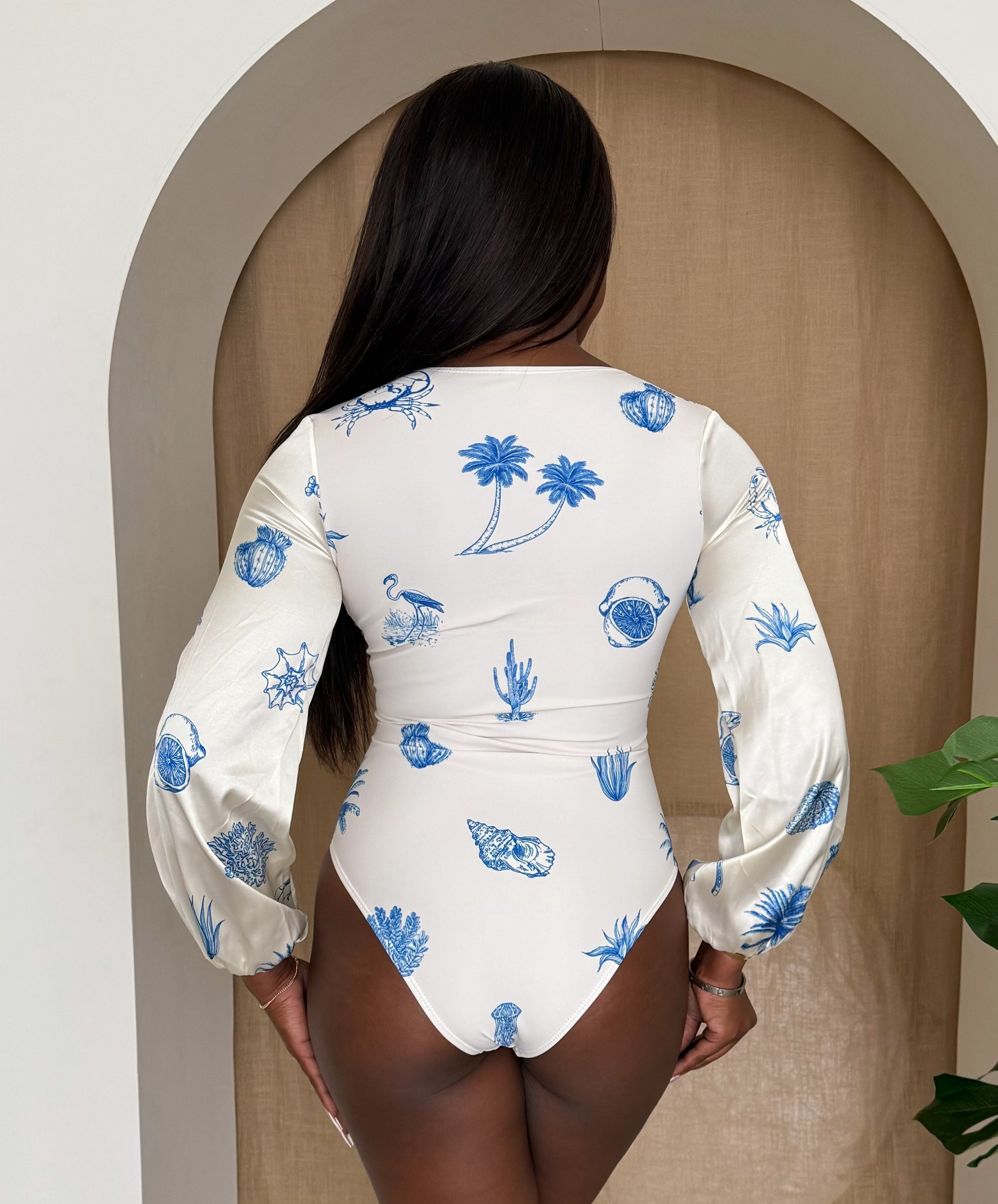 Blue Botanica Elegance Rsort Swimwear : Sophisticated Long Sleeve Swimsuit Sun-Drenched Days