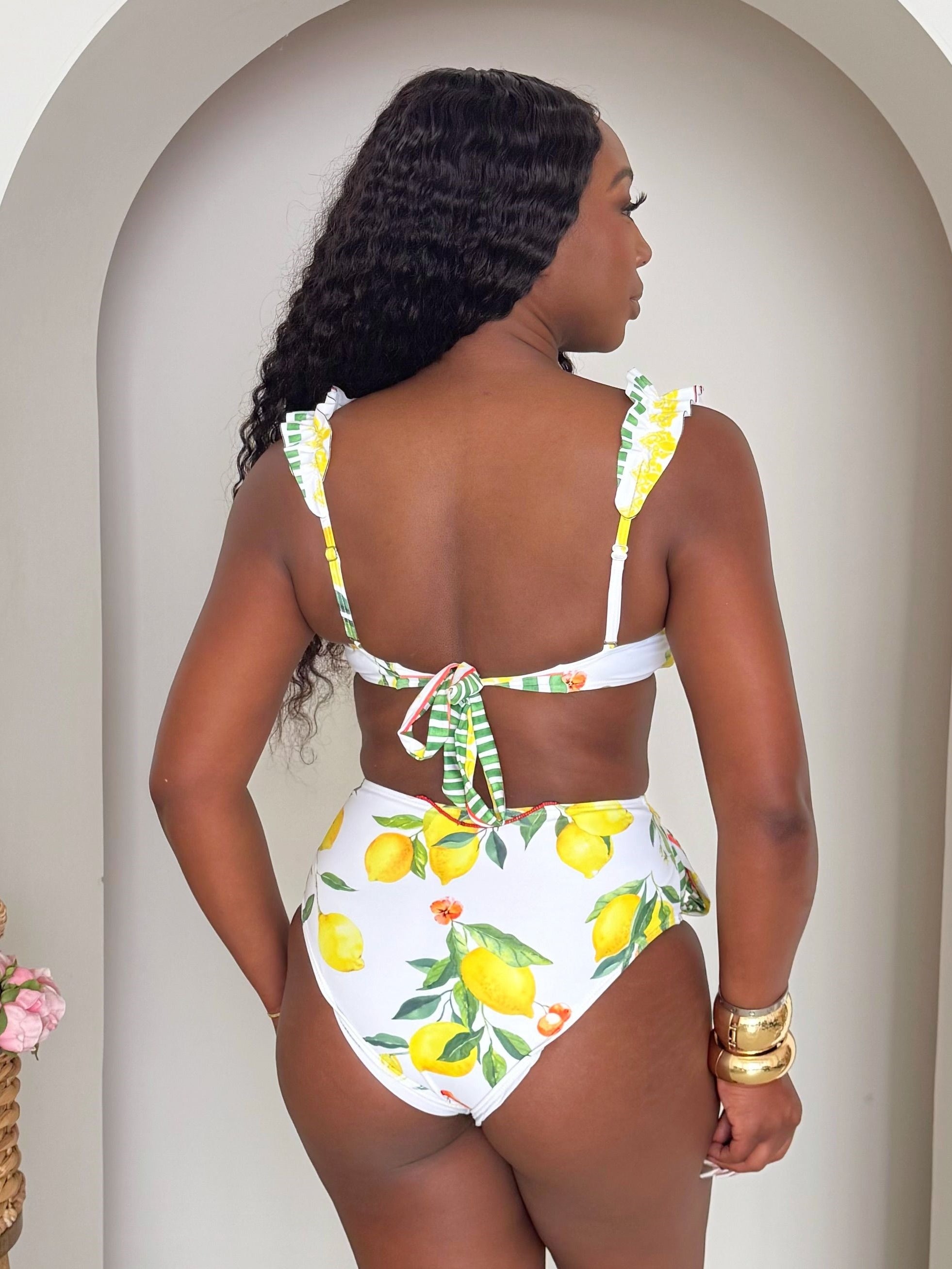 Lemon Garden Muse: A Vintage-Inspired Ruffle Bikini with Citrus Print and Green Striped Accents