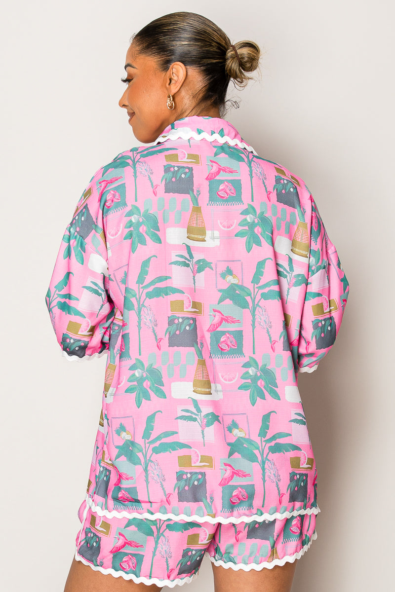 Pink Tropical Trimmed Two-Piece Short Set – Playful & Breezy Resort Wear