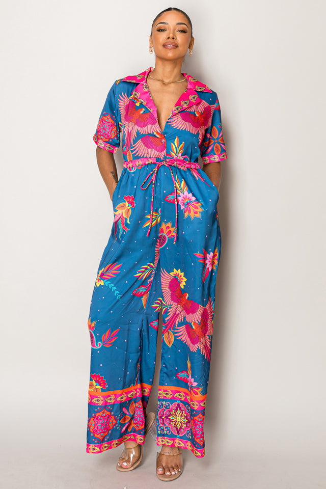 Tropical Bird Print Jumpsuit – Vibrant Resort Style