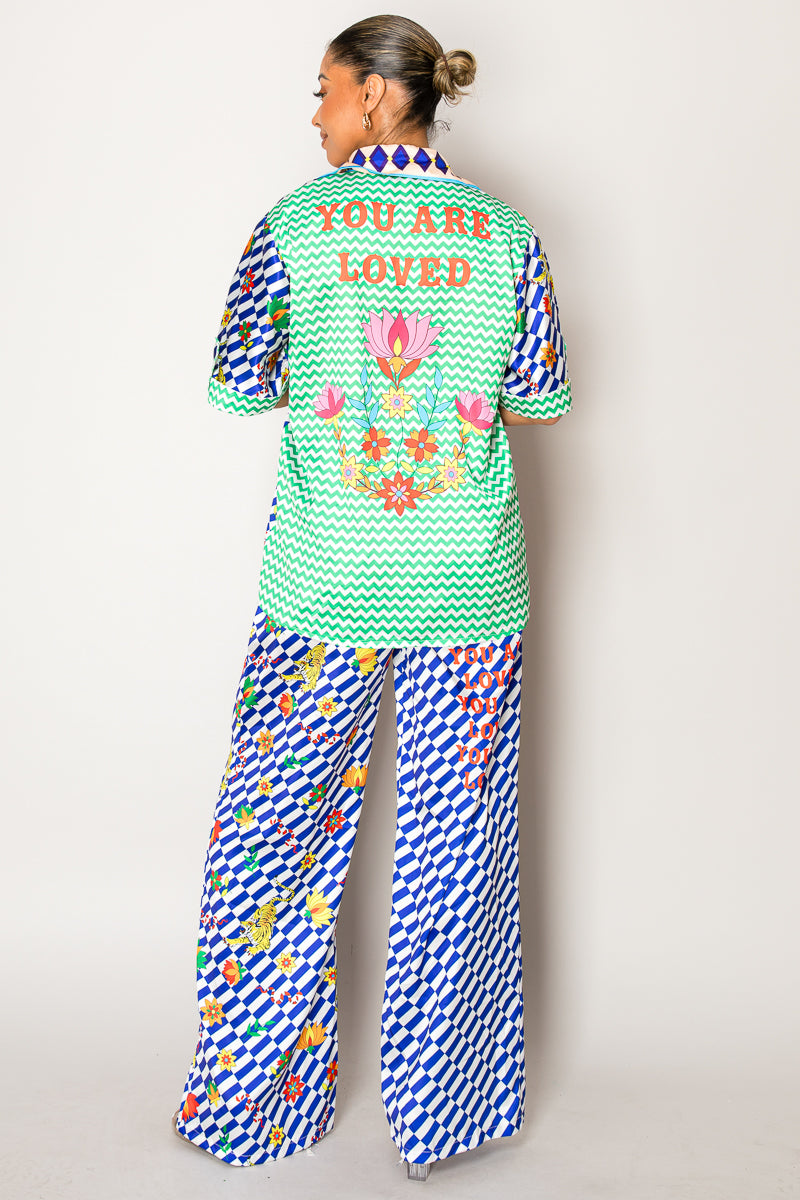 Playful Mosaic Print Two-Piece Set – Bold & Artistic Resort Wear