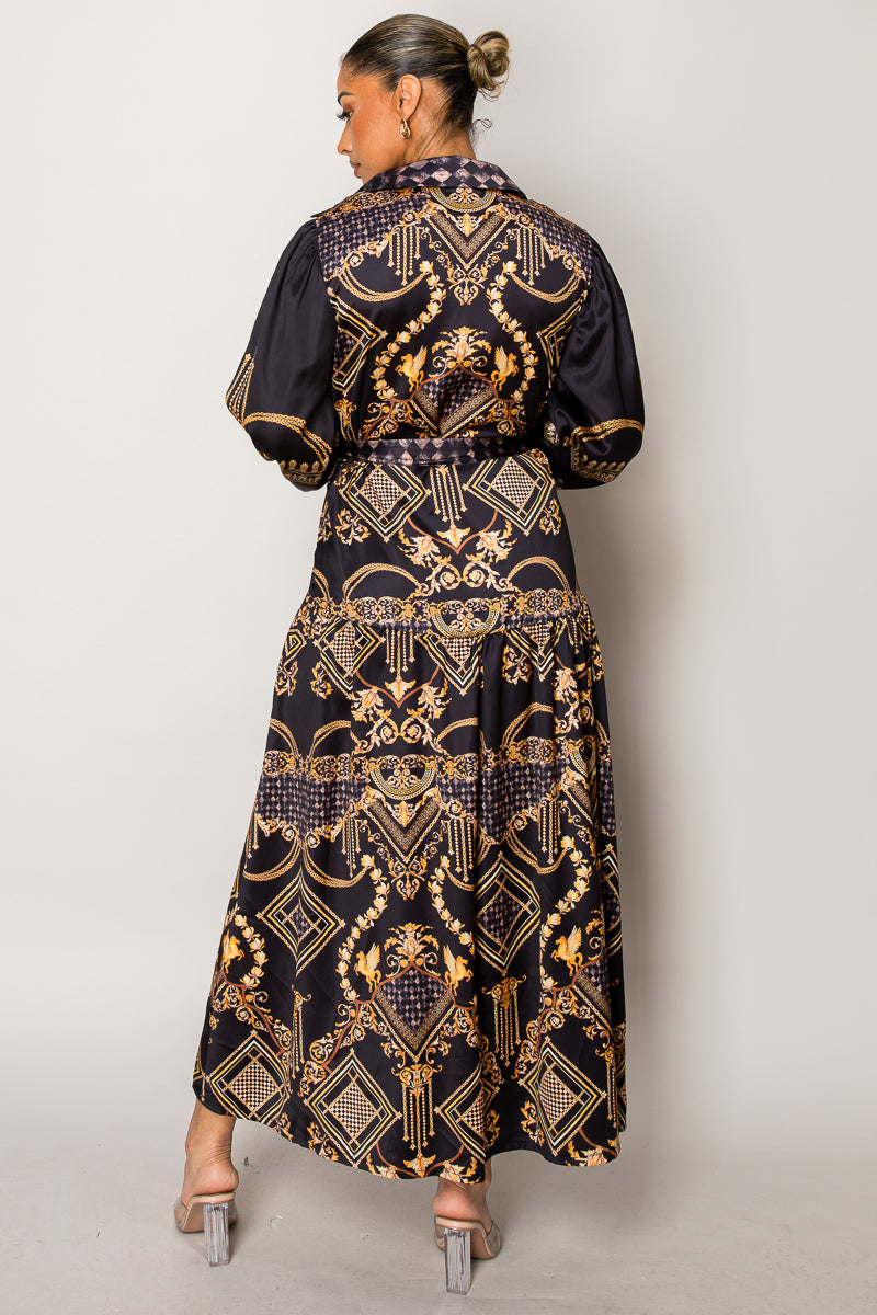 Baroque Chain Print Maxi Shirt Dress – Luxe & Glamorous Resort Wear