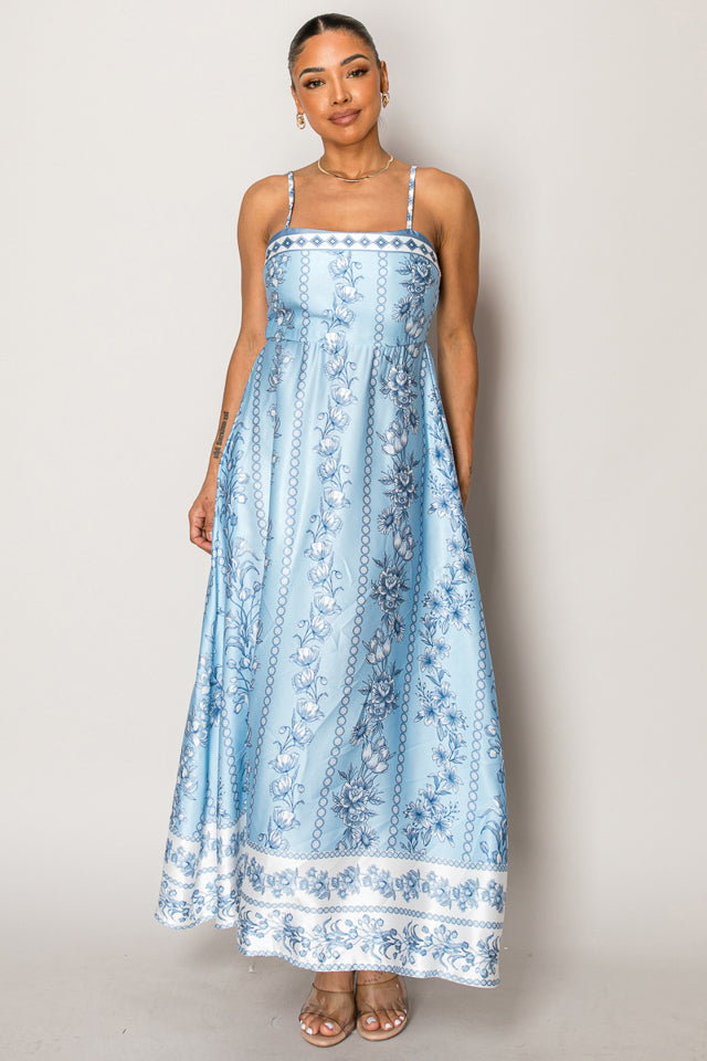 Blue Porcelain Floral Maxi Dress – Elegant & Romantic Resort Wear