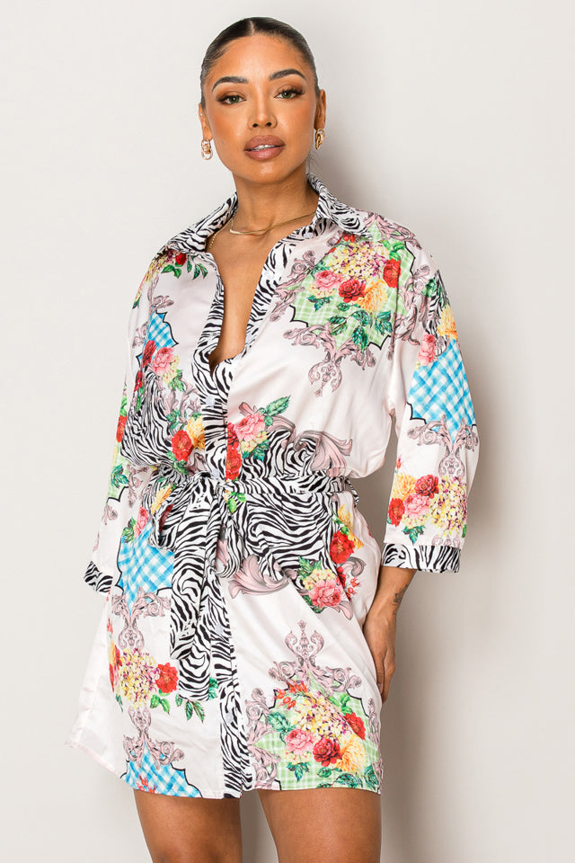 Mixed Print Patchwork Belted Shirt Dress – Bold & Chic Resort Wear