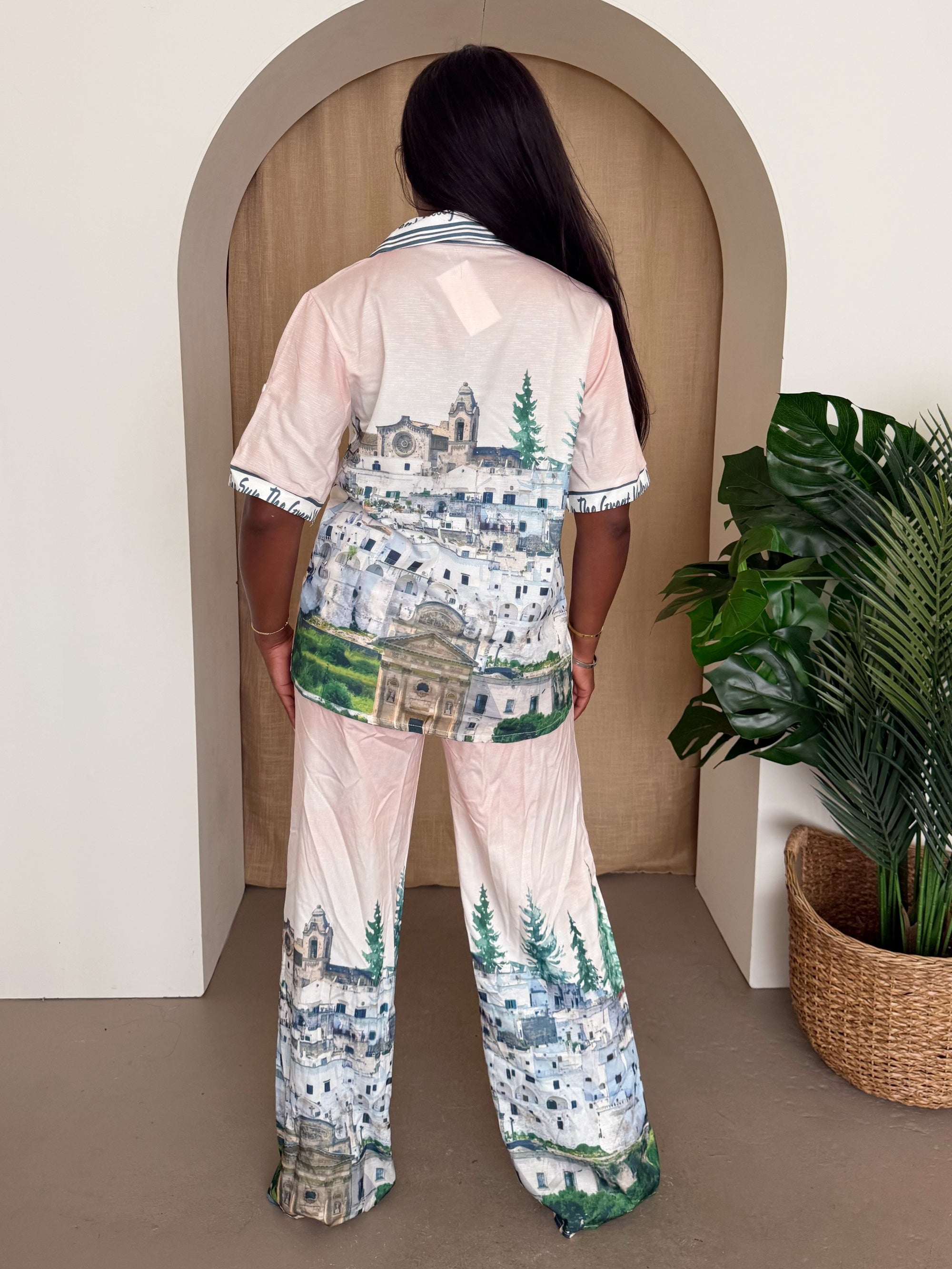 Vacation Dreamscape Two-Piece Set with Hand-Painted Italian Village Print