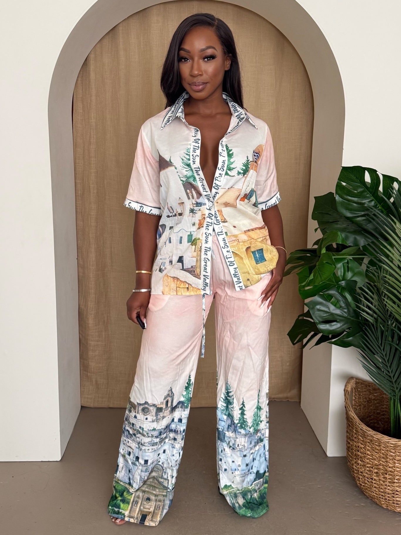 Vacation Dreamscape Two-Piece Set with Hand-Painted Italian Village Print