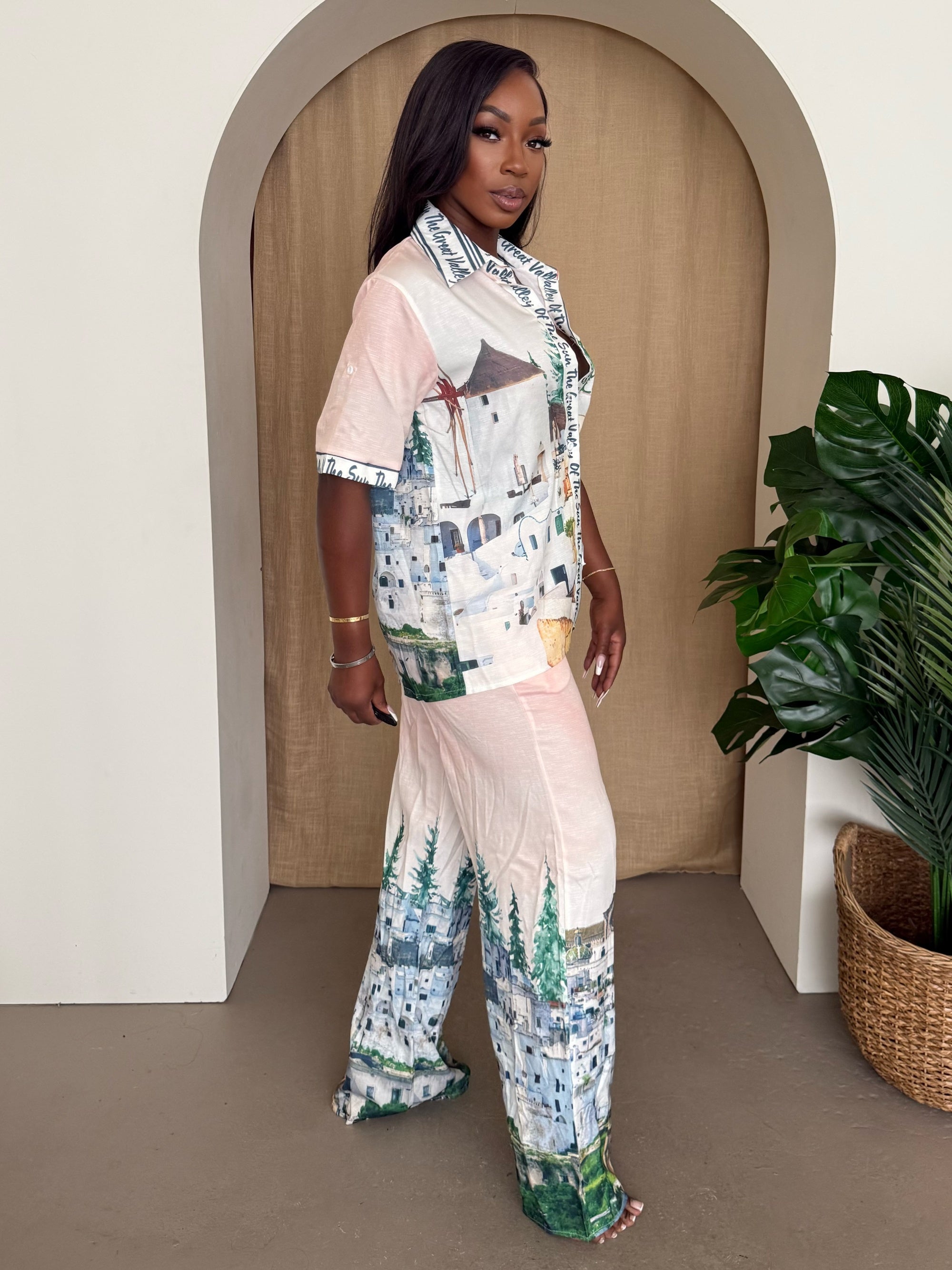 Vacation Dreamscape Two-Piece Set with Hand-Painted Italian Village Print