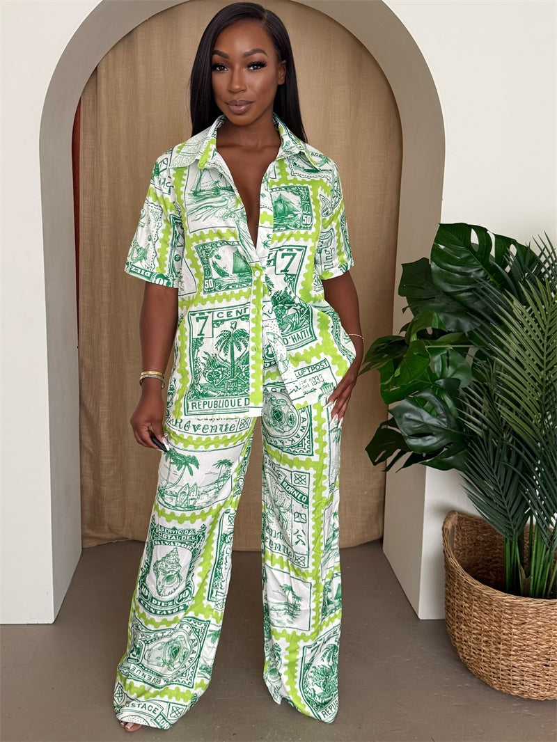 Postcards from Paradise – Green Stamp Print Two-Piece Shirt and Wide-Leg Pants Set