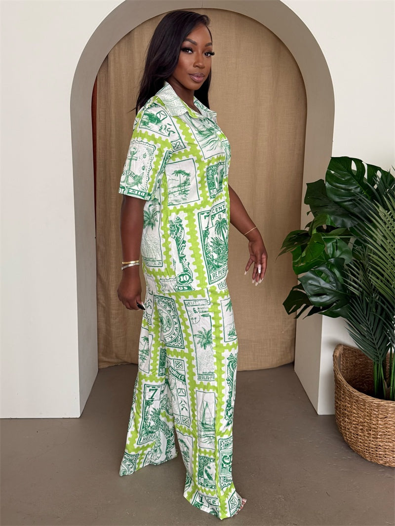 Postcards from Paradise – Green Stamp Print Two-Piece Shirt and Wide-Leg Pants Set