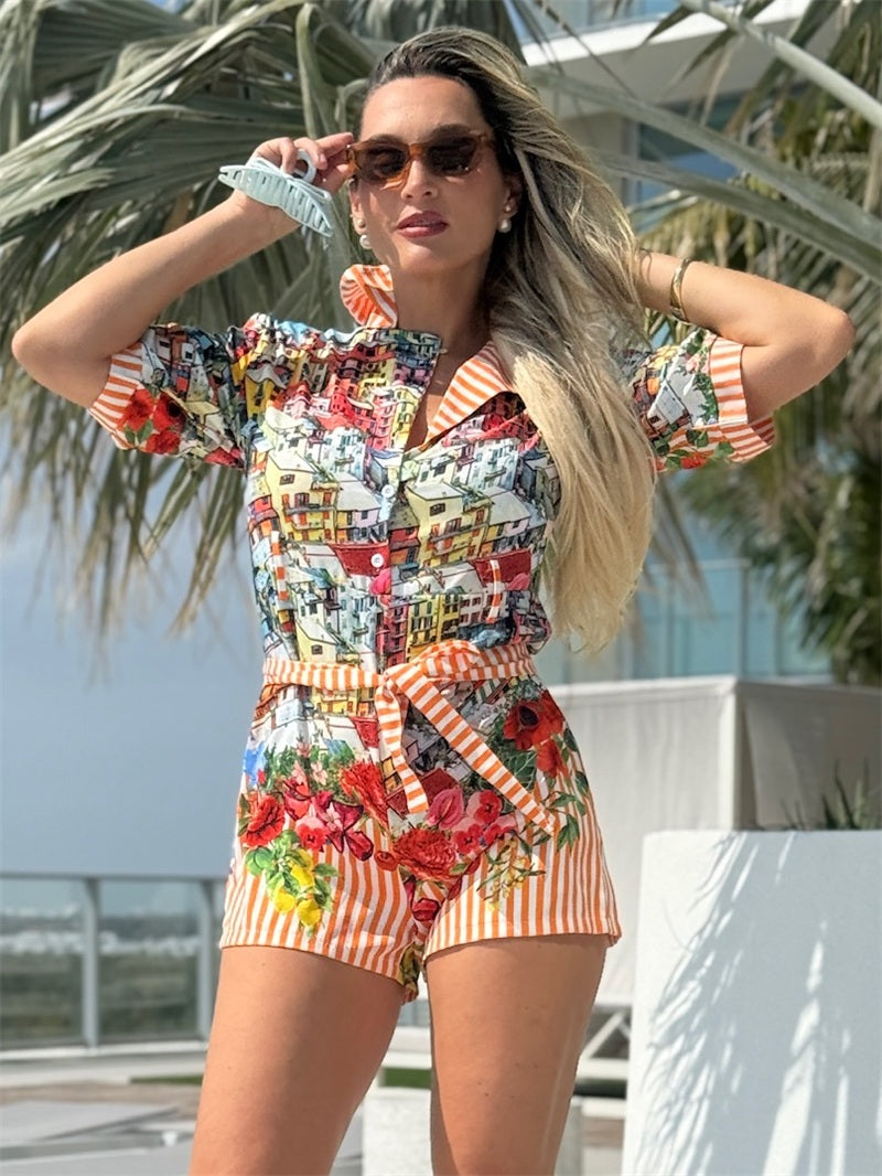 Postcard from Positano: Printed Shirt Romper with Coastal Village Charm & Floral Striped Waist