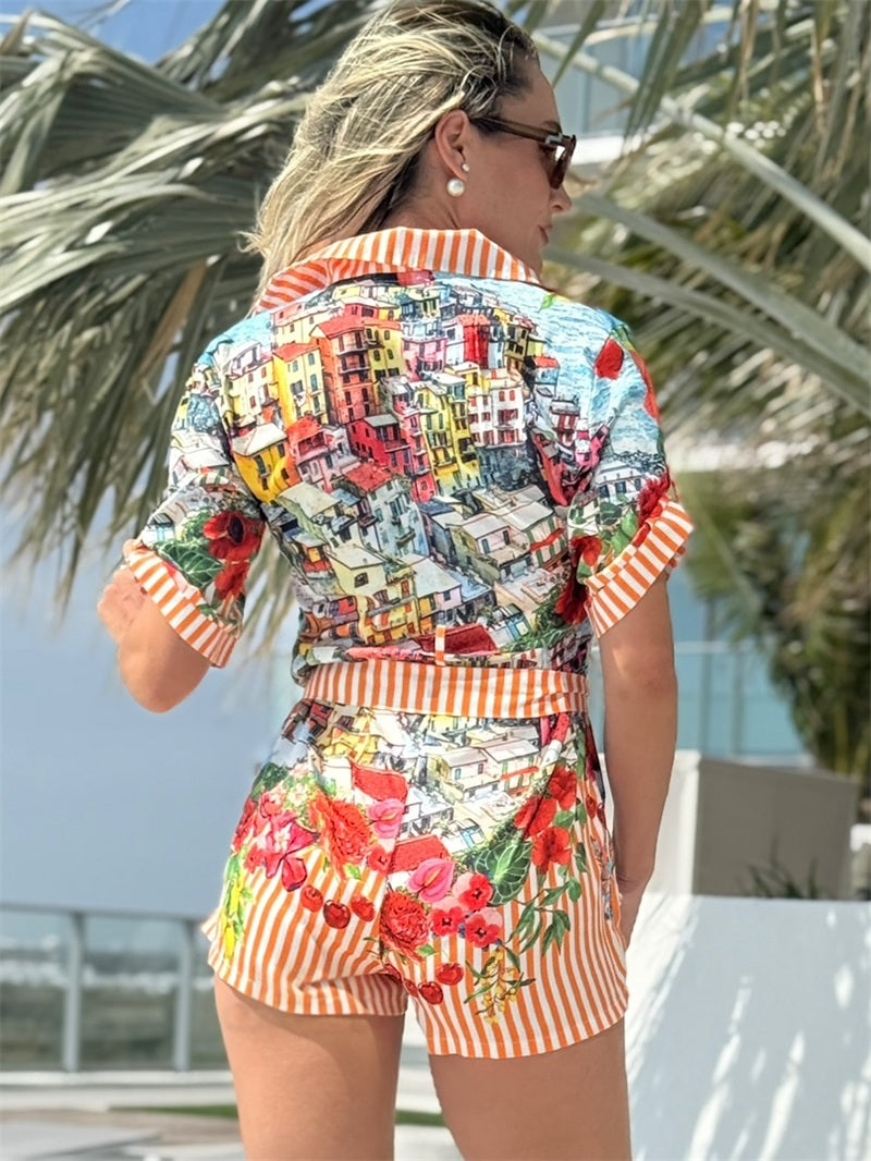 Postcard from Positano: Printed Shirt Romper with Coastal Village Charm & Floral Striped Waist