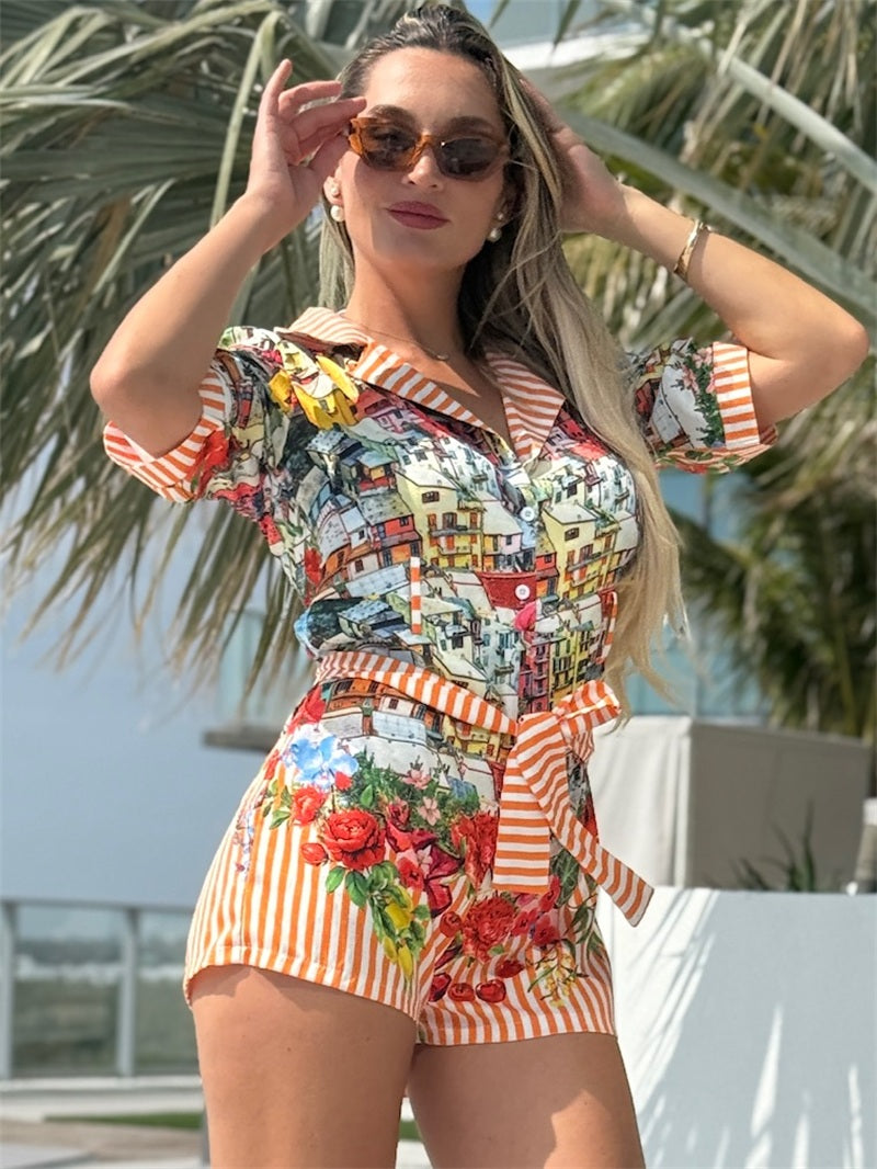 Postcard from Positano: Printed Shirt Romper with Coastal Village Charm & Floral Striped Waist
