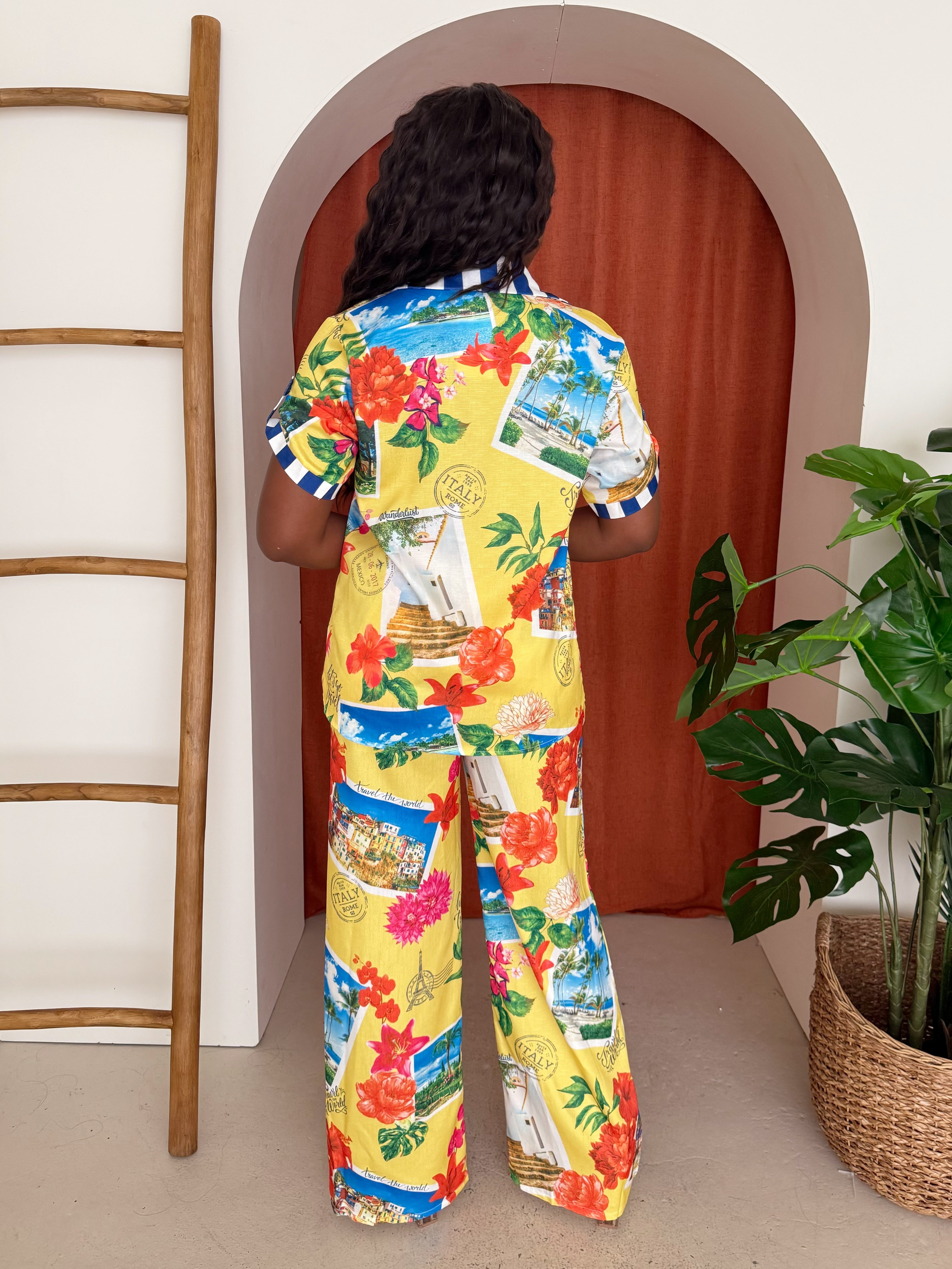 Yellow Postcard Print Resort Set – Bright Vacation Outfit with Floral Shirt and Wide-Leg Pants | Resort Glam