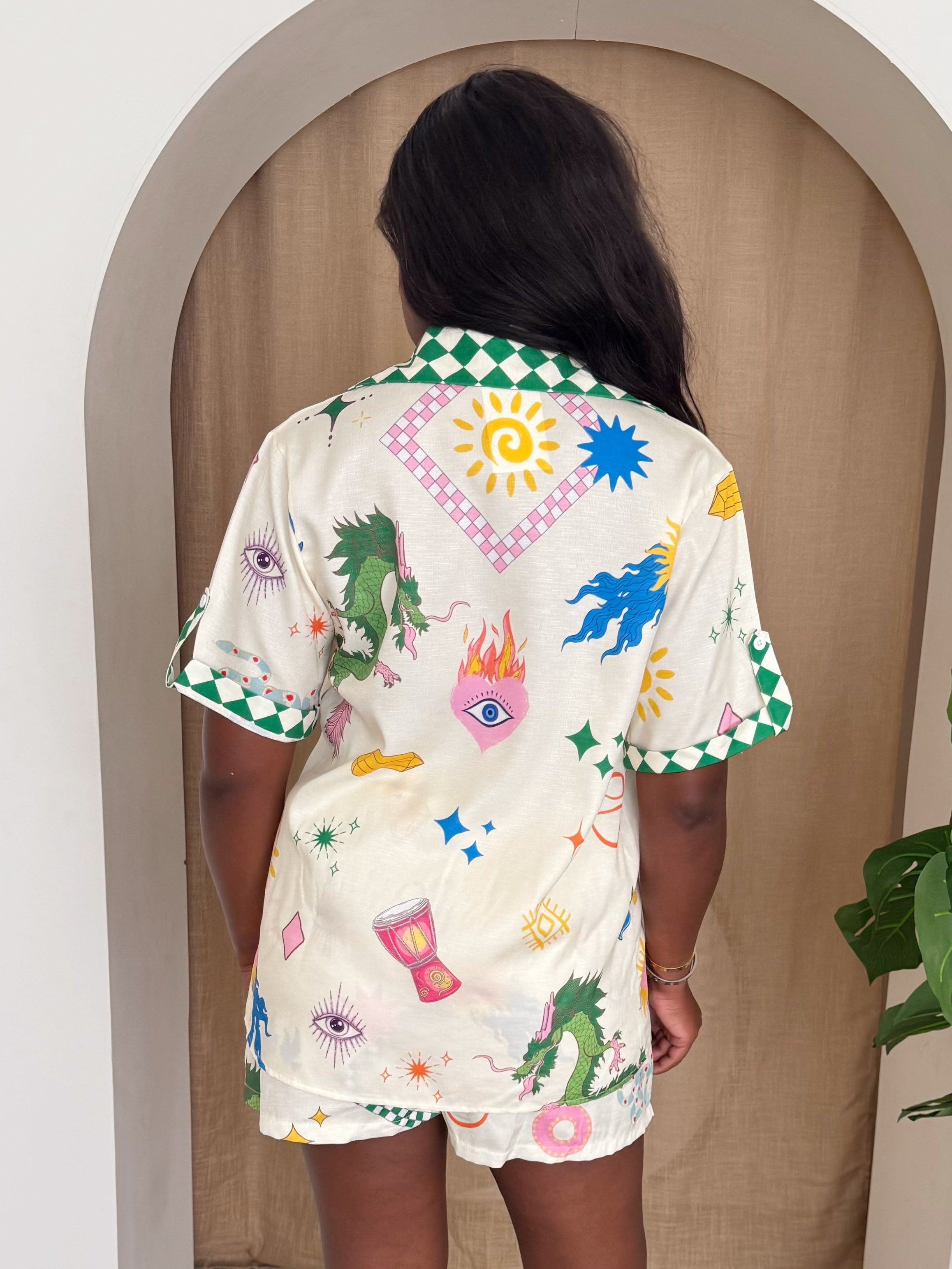 Playful Resortwear – Artistic Dragon and Symbol Print Two-Piece Short Set