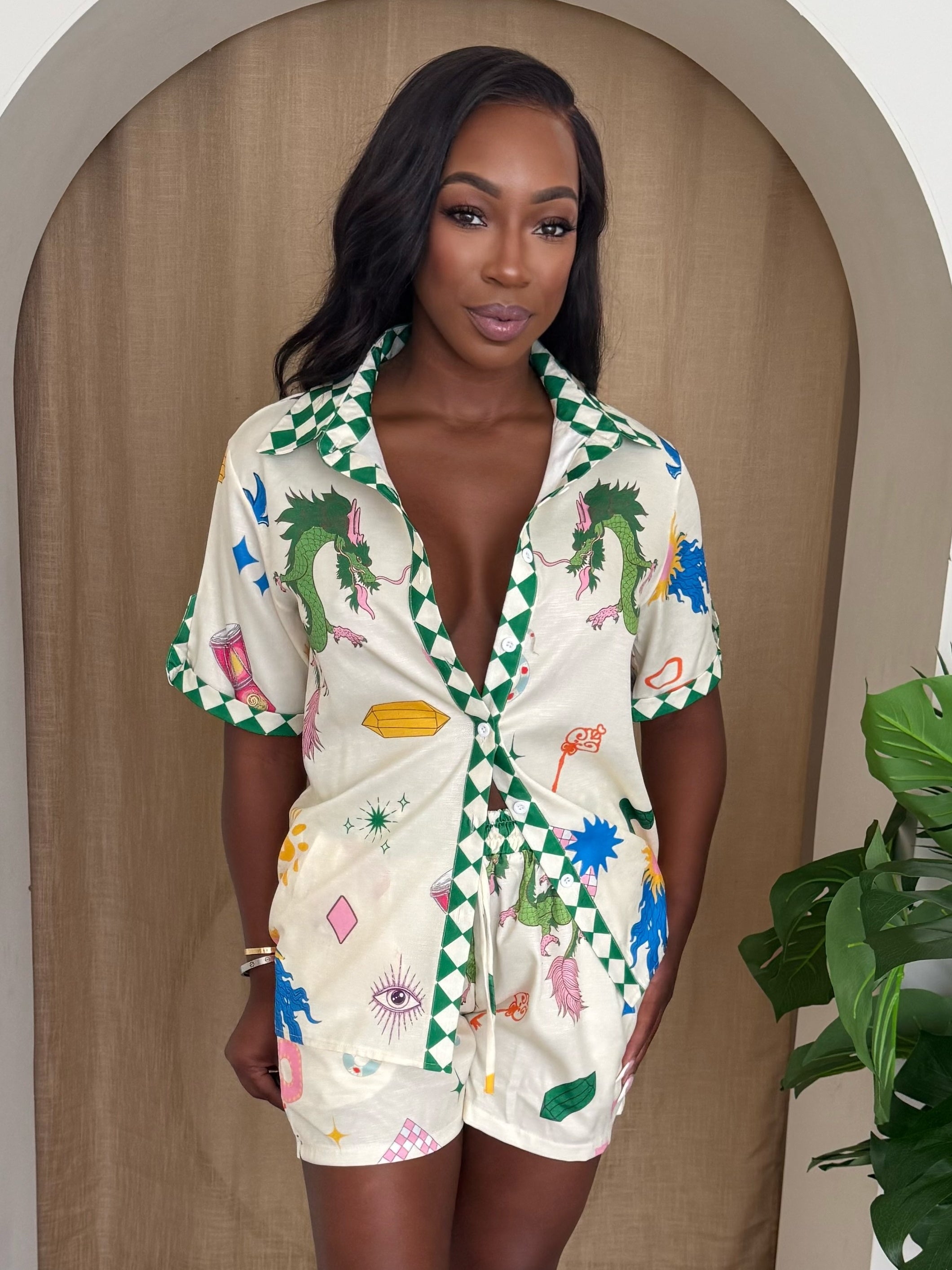 Playful Resortwear – Artistic Dragon and Symbol Print Two-Piece Short Set