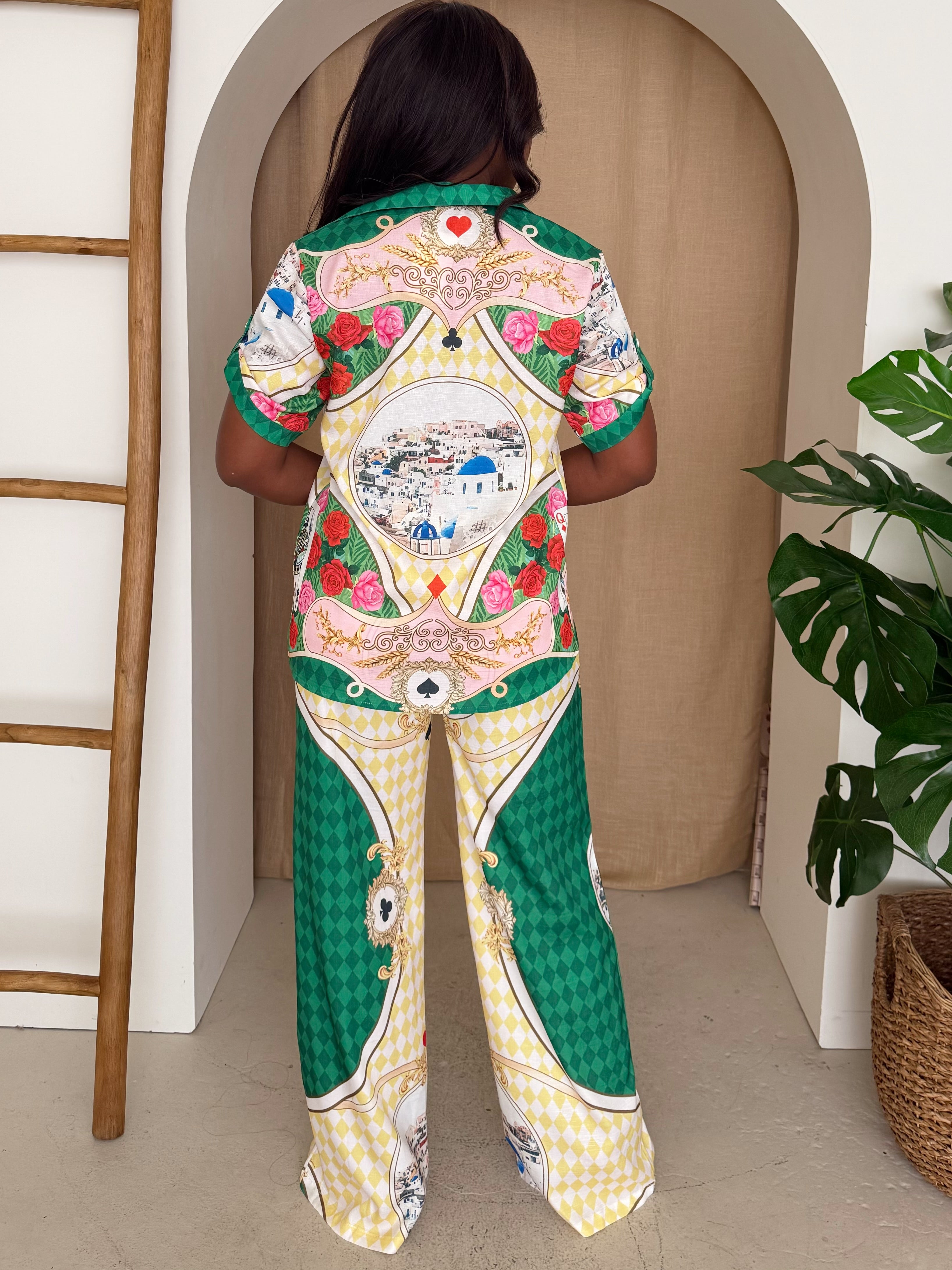 High Stakes Royal Set – Playing Card Print Shirt & Wide-Leg Pants