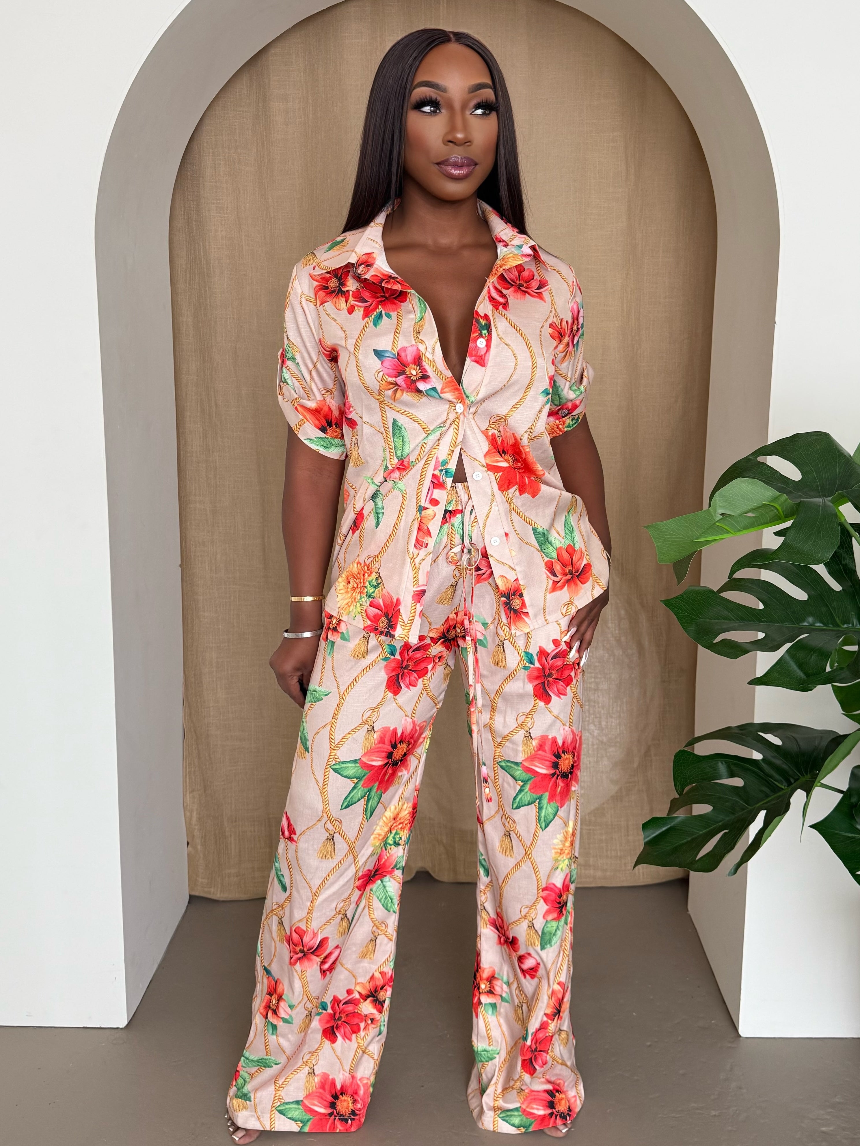 Bloom & Bold ResortWear – Luxe Floral Chain Print Shirt and Wide-Leg Pant Set