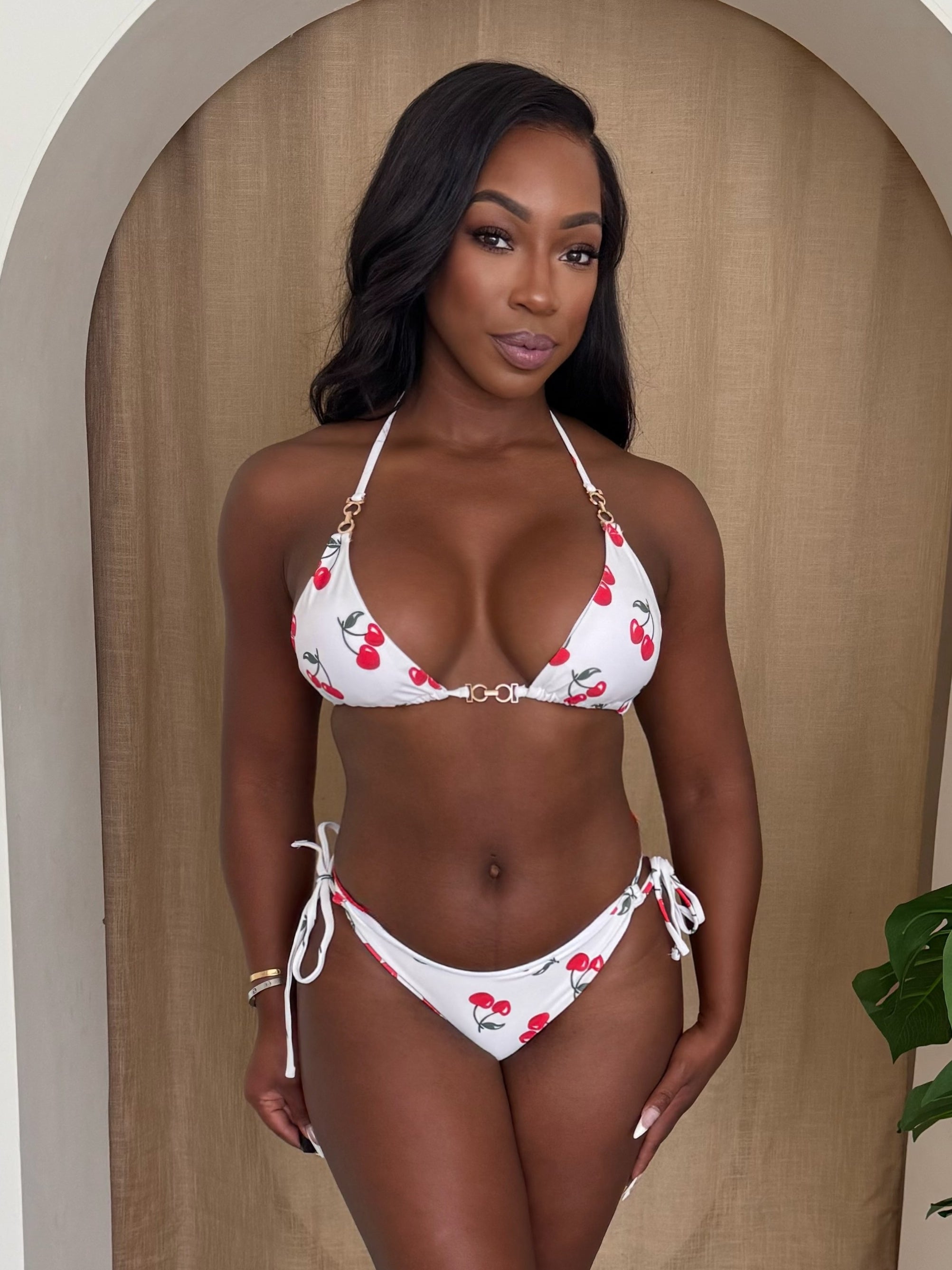 Flirty Summer – White Triangle Bikini with Cherry Print and Side-Tie Bottoms